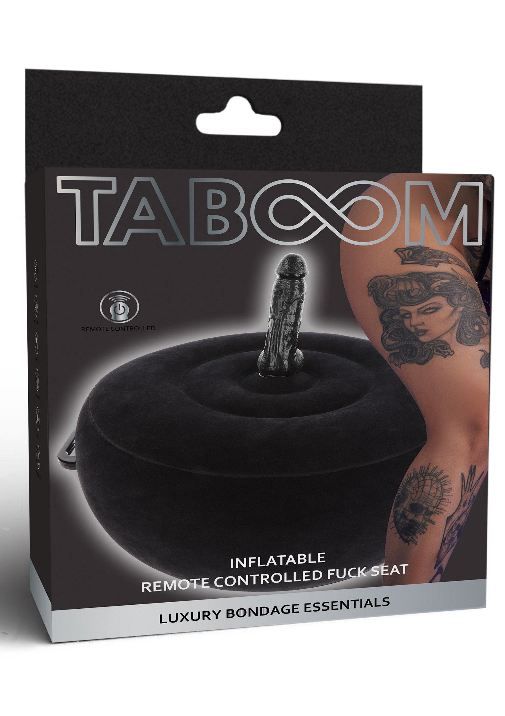 Siège gonflable Taboom pour le plaisir intime, avec télécommande. Accessoires de bondage de luxe pour des sensations fortes.; Taboom opblaasbare zitkussen voor intiem plezier, met afstandsbediening. Luxe bondage accessoires voor intense sensaties.; Taboom inflatable fuck seat for intimate pleasure, with remote control. Luxury bondage essentials for intense sensations.