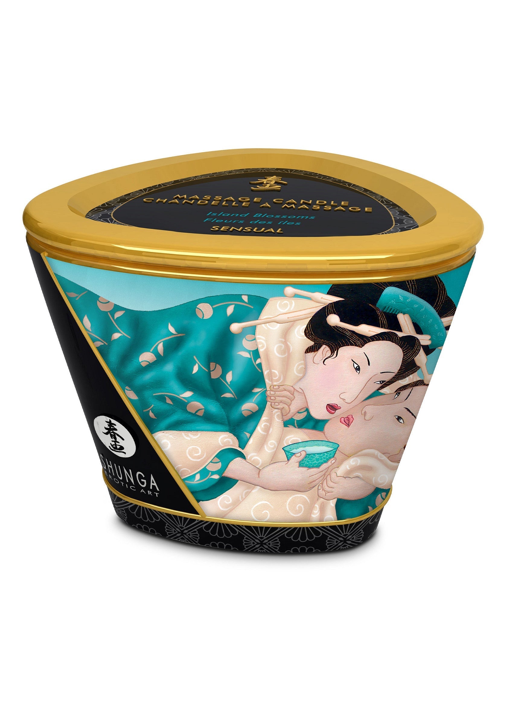 Bougie de massage Shunga Sensual avec illustration d'un couple; Shunga Sensual massagekaars met illustratie van een koppel; Shunga Sensual massage candle with illustration of a couple