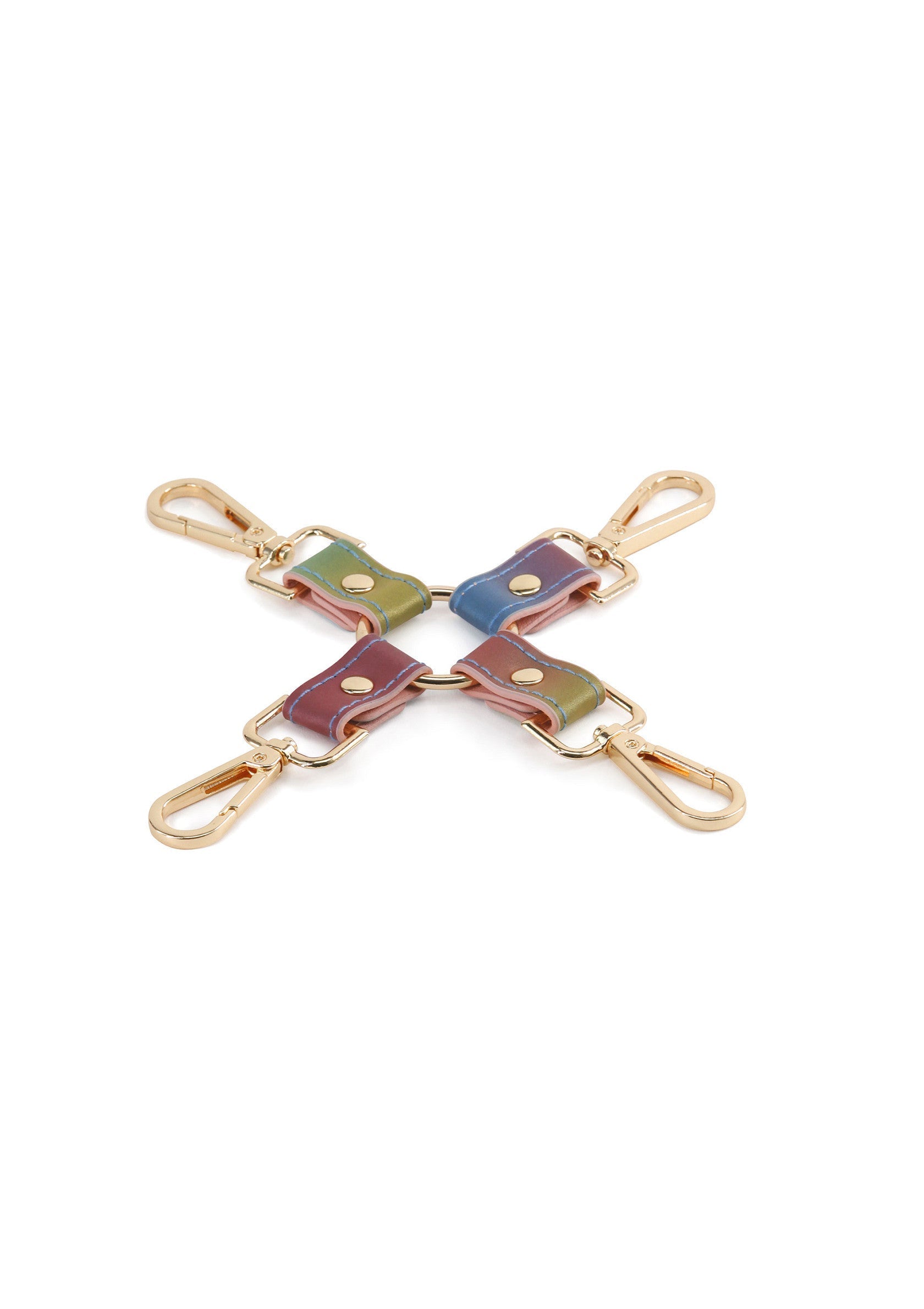 Attache de sac multicolore avec mousquetons dorés; Veelkleurige tasbevestiging met gouden karabijnhaken; Multicolor bag attachment with golden snap hooks