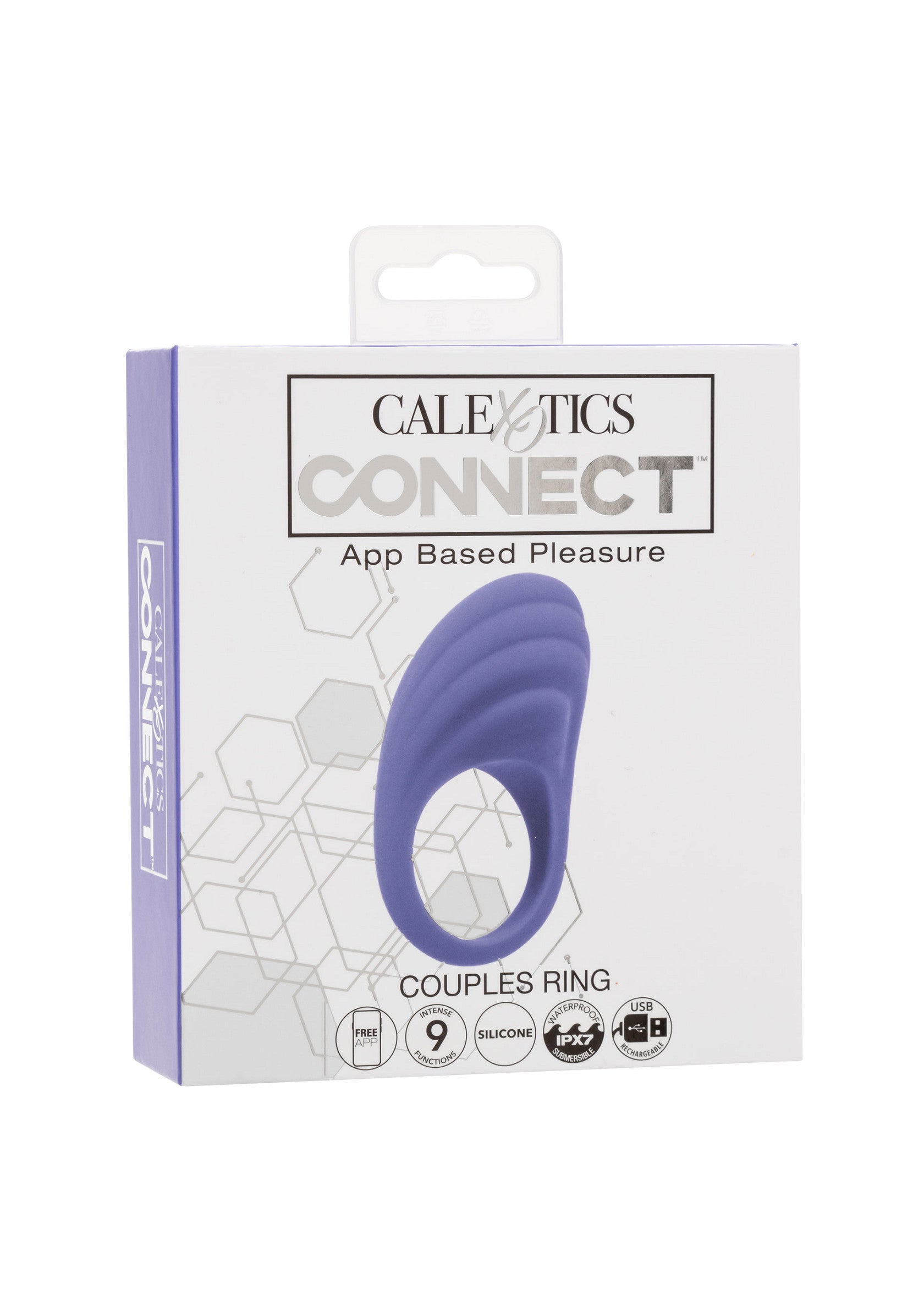 CalExotics Connect Couples Ring : anneau vibrant connecté pour plus de plaisir à deux. Silicone doux, rechargeable via USB.; CalExotics Connect Couples Ring: verbonden vibrerende ring voor meer plezier voor twee. Zachte siliconen, oplaadbaar via USB.; CalExotics Connect Couples Ring: connected vibrating ring for enhanced couples pleasure. Soft silicone, USB rechargeable.