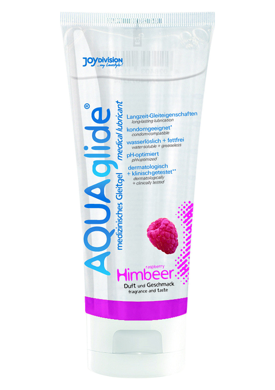 Lubrifiant médical AquaGlide à la framboise pour une expérience douce et durable.; AquaGlide medische glijmiddel met frambozensmaak voor een zachte en langdurige ervaring.; AquaGlide raspberry medical lubricant for a smooth, long-lasting experience.