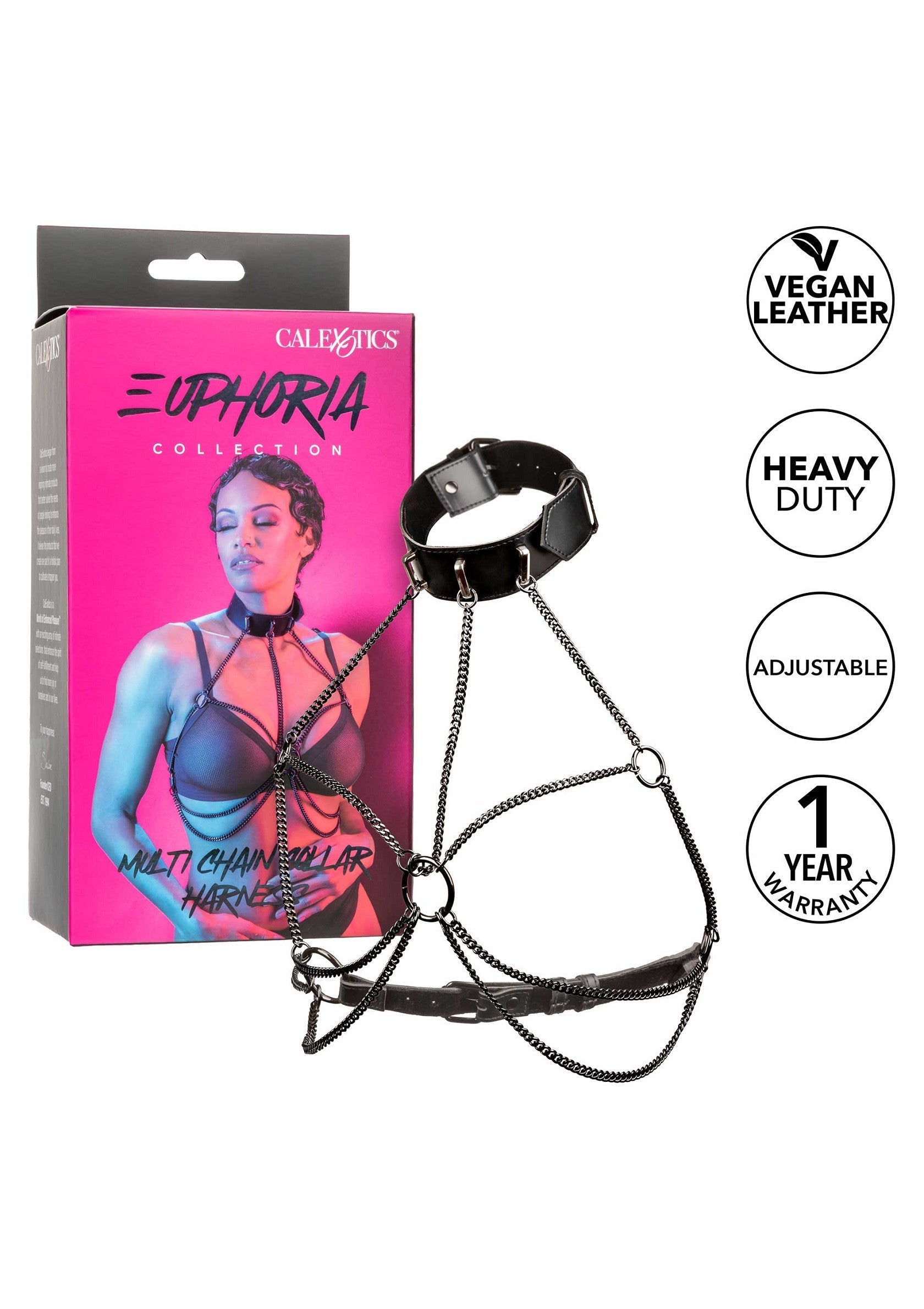 Harnais multi-chaînes Calexotics Euphoria Collection, en cuir vegan, réglable et résistant. Garantie 1 an.; Calexotics Euphoria Collection multi-ketting harnas, veganistisch leer, verstelbaar en duurzaam. 1 jaar garantie.; Calexotics Euphoria Collection multi-chain harness, vegan leather, adjustable and heavy duty. 1 year warranty.