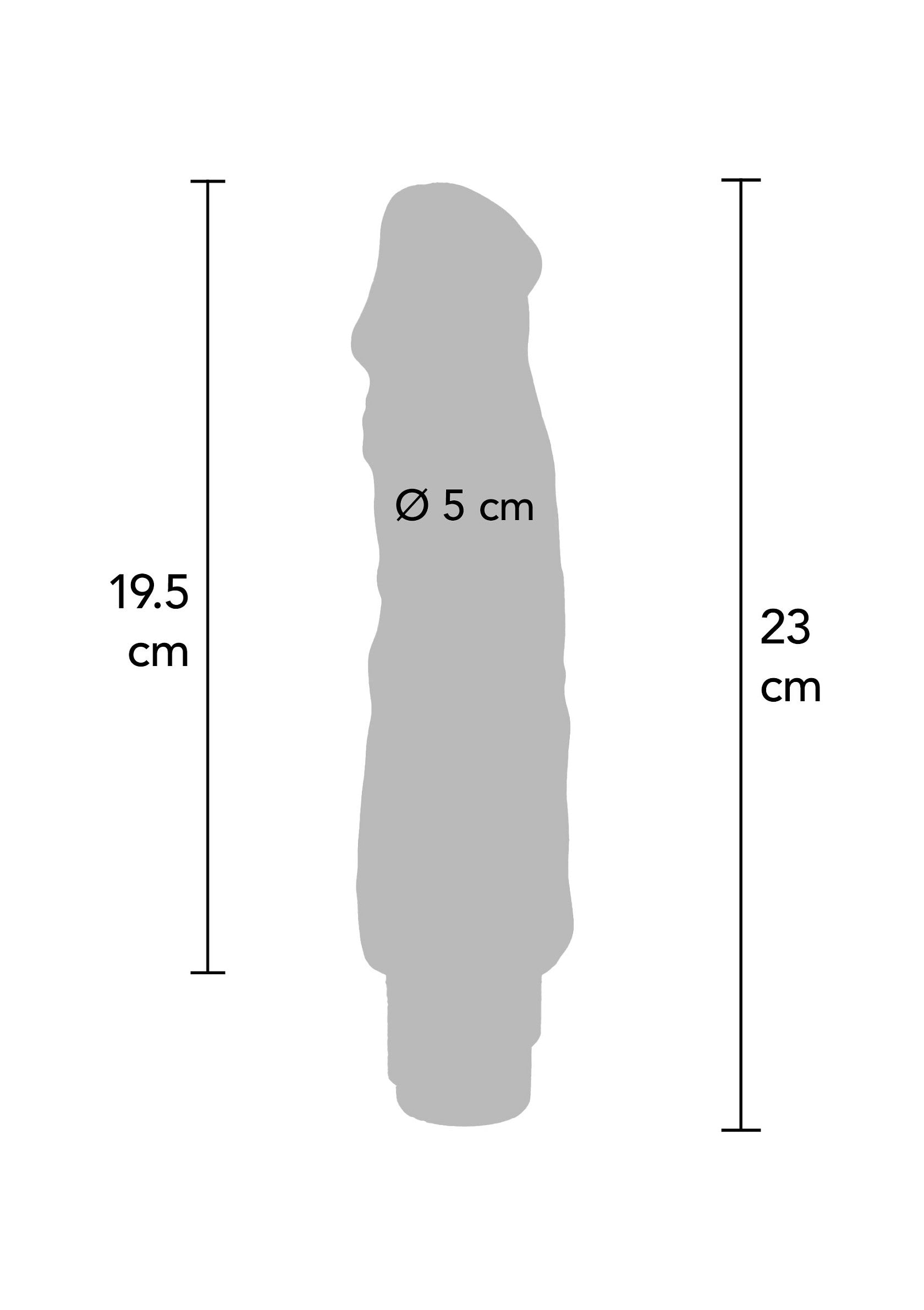 Image du schéma d'un gode avec ses dimensions. Dimensions: 19.5cm x 23cm. Diamètre: 5cm; Afbeelding van een dildo schets met zijn afmetingen. Afmetingen: 19.5cm x 23cm. Diameter: 5cm; Image of a dildo schematic with its dimensions. Dimensions: 19.5cm x 23cm. Diameter: 5cm