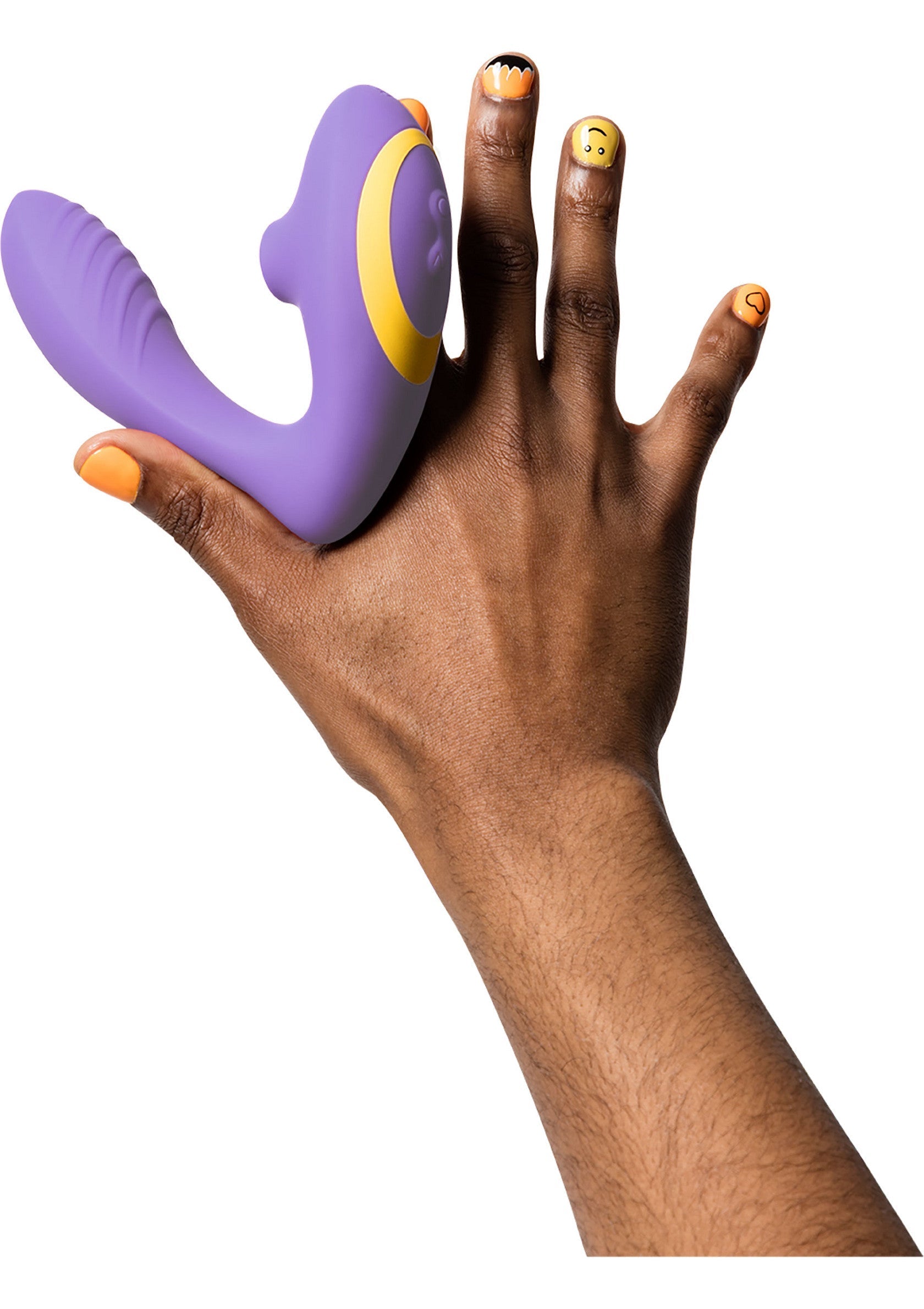 Vibromasseur violet avec accents jaunes, pour le plaisir personnel.; Paarse vibrator met gele accenten, voor persoonlijk genot.; Purple vibrator with yellow accents, for personal pleasure.