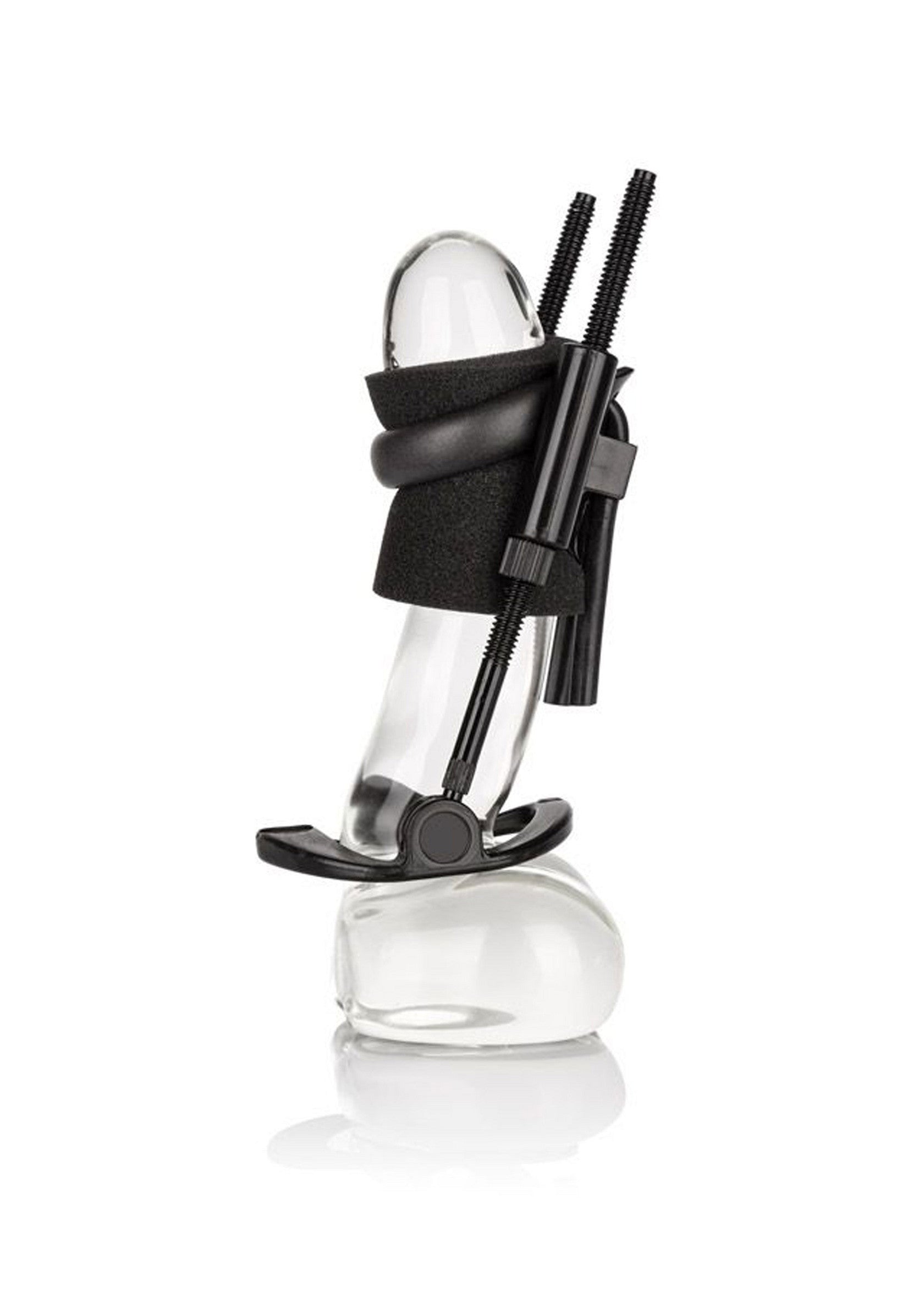 Appareil d'amélioration masculine transparent avec support et sangles réglables pour un confort et des résultats optimaux.; Transparant mannelijk verbeteringsapparaat met verstelbare steun en riemen voor comfort en optimale resultaten.; Transparent male enhancement device with adjustable support and straps for comfort and optimal results.