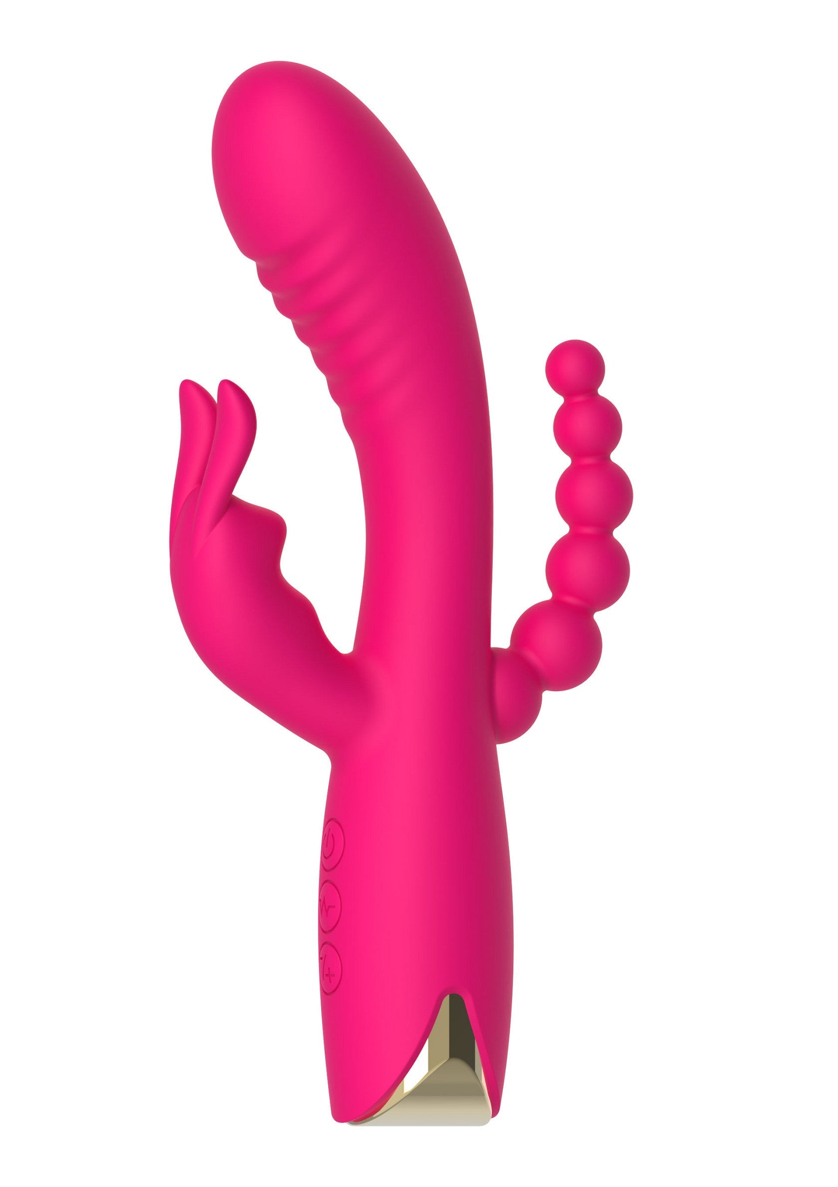 Vibromasseur rose avec stimulateur clitoridien et perles anales. Pour une exploration sensuelle.; Roze vibrator met clitorisstimulator en anale kralen. Voor sensuele ontdekking.; Pink vibrator with clitoral stimulator and anal beads. For sensual exploration.