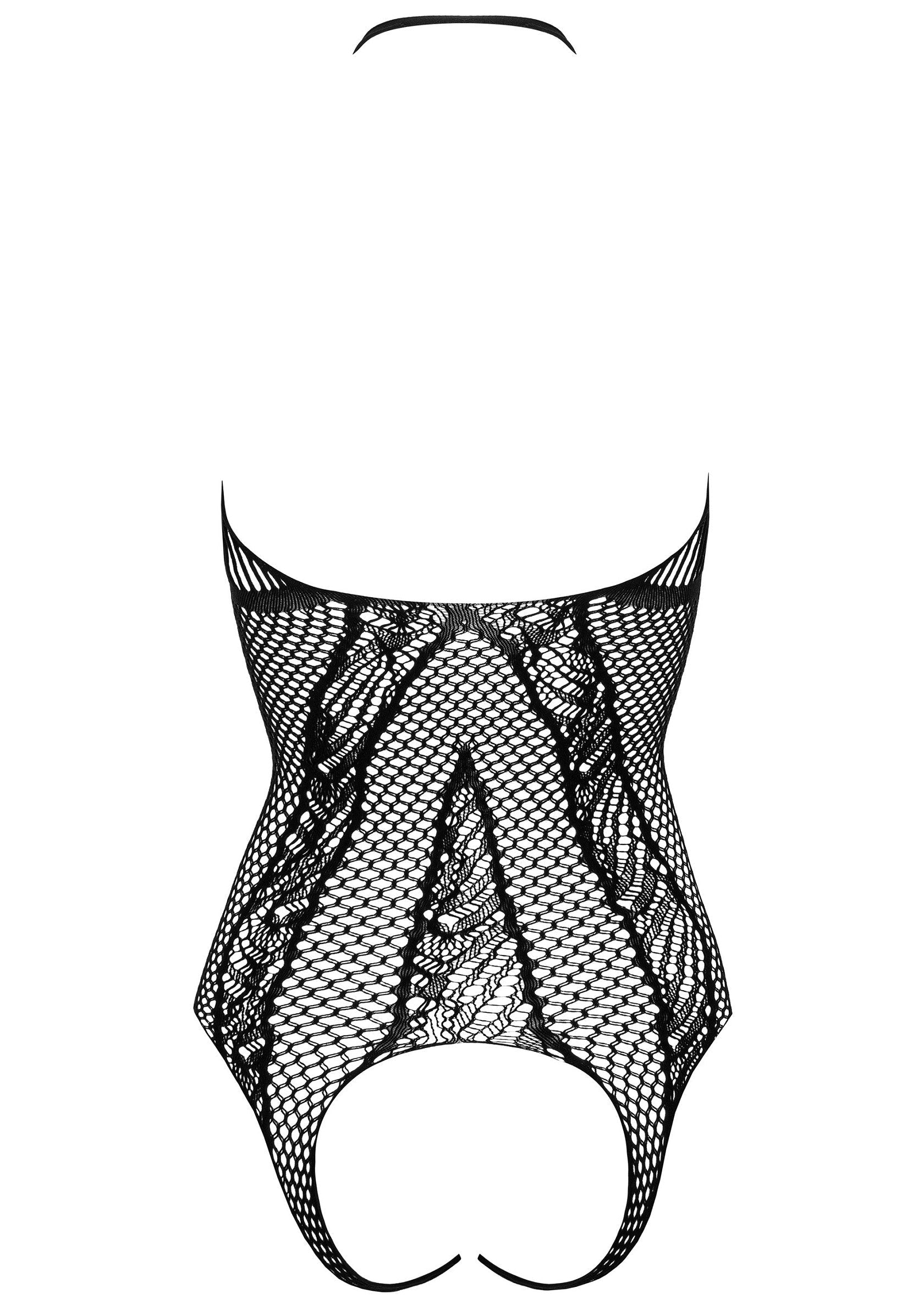 Body en résille noir, dos nu et motif floral, pour une allure séduisante et élégante.; Zwarte fishnet body met open rug en bloemmotief voor een verleidelijke en elegante look.; Black fishnet bodysuit with open back and floral pattern for a seductive and elegant look.