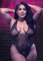 Body résille noir orné d'étoiles scintillantes. Glamour et séduisant pour une soirée spéciale.; Zwarte visnetbody met fonkelende sterren. Glamoureus en verleidelijk voor een speciale avond.; Black fishnet bodysuit adorned with sparkling stars. Glamorous and seductive for a special evening.