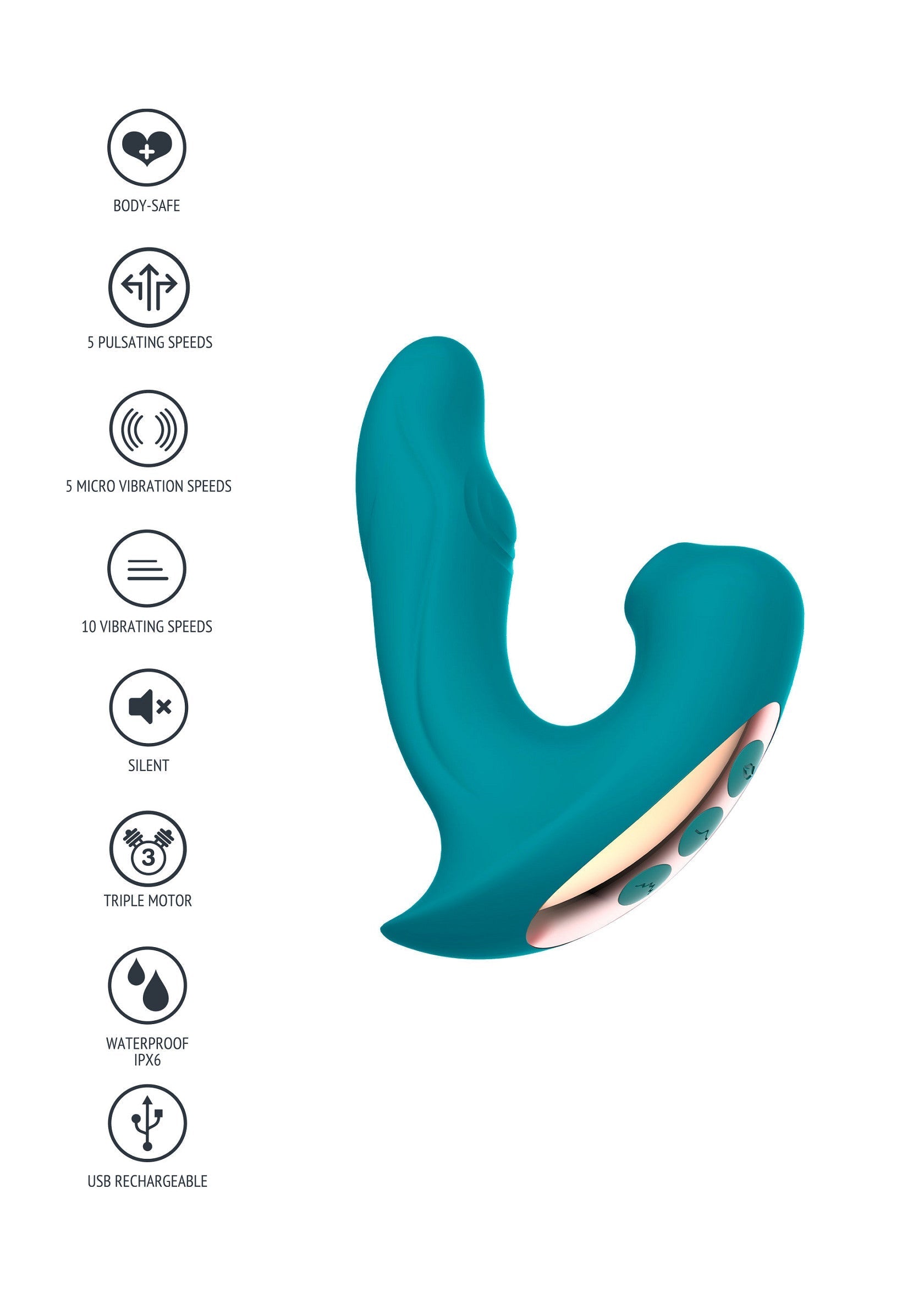 Vibromasseur turquoise à triple moteur, rechargeable par USB, étanche et silencieux pour des sensations intenses et variées.; Turkoois vibrator met drievoudige motor, USB oplaadbaar, waterdicht en stil voor intense en gevarieerde sensaties.; Teal vibrator with triple motor, USB rechargeable, waterproof and silent for intense and varied sensations.