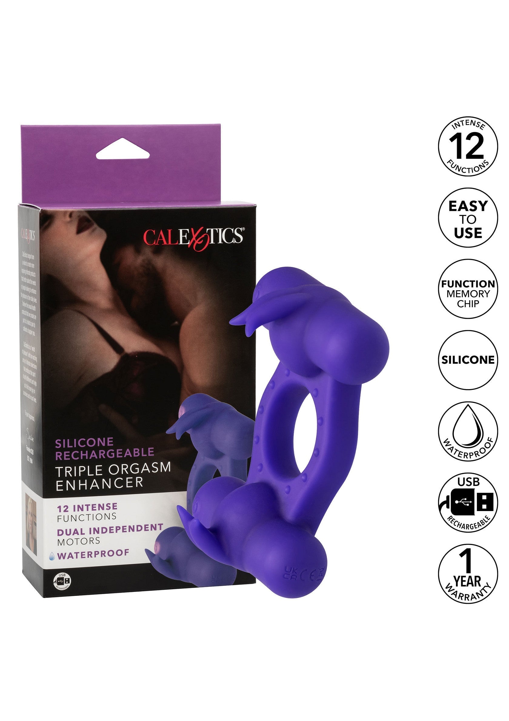 Stimulateur clitoridien CalExotics Triple Orgasme. 12 fonctions, étanche et rechargeable par USB. ; CalExotics Triple Orgasme clitorisstimulator. 12 functies, waterdicht en USB oplaadbaar.; CalExotics Triple Orgasm clitoral stimulator. 12 functions, waterproof, and USB rechargeable.