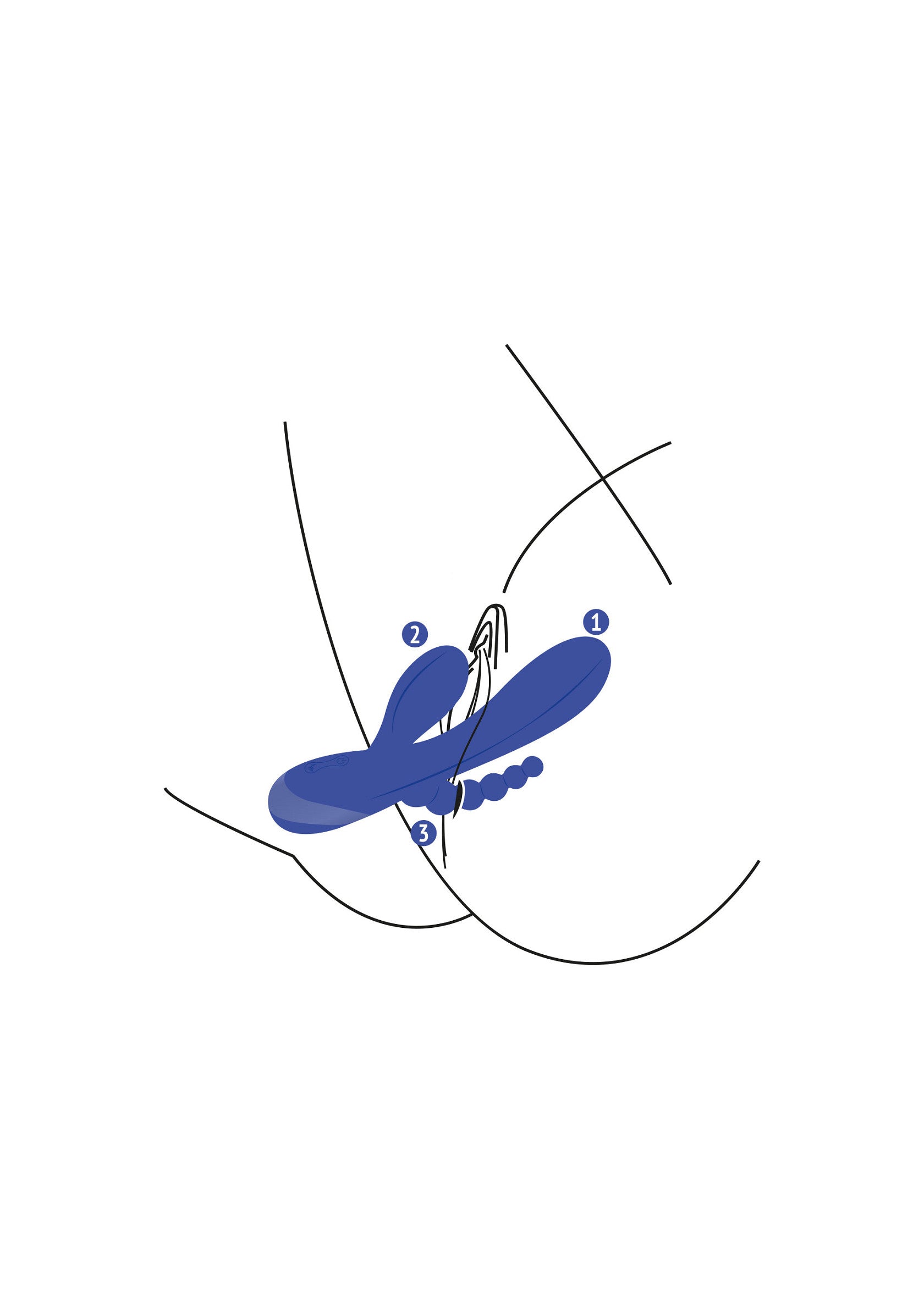 Schéma d'un sextoy vibrant pour stimuler le clitoris, le point G et le périnée. Jeu intime pour adultes.; Diagram van een vibrerend seksspeeltje om de clitoris, G-plek en het perineum te stimuleren. Intiem spel voor volwassenen.; Diagram of a vibrating sex toy to stimulate the clitoris, G-spot and perineum. Adult intimate play.