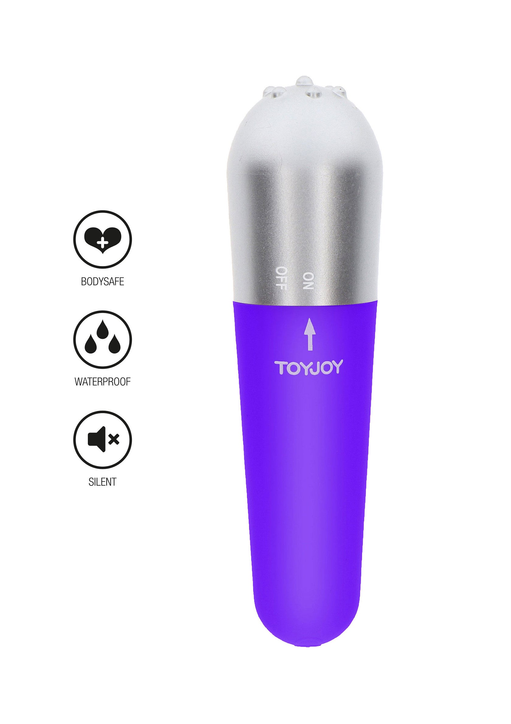 Vibromasseur ToyJoy violet et argent, étanche, silencieux et sûr pour le corps. ; Paarse en zilveren ToyJoy vibrator, waterdicht, stil en veilig voor het lichaam.; Purple and silver ToyJoy vibrator, waterproof, silent and body safe.