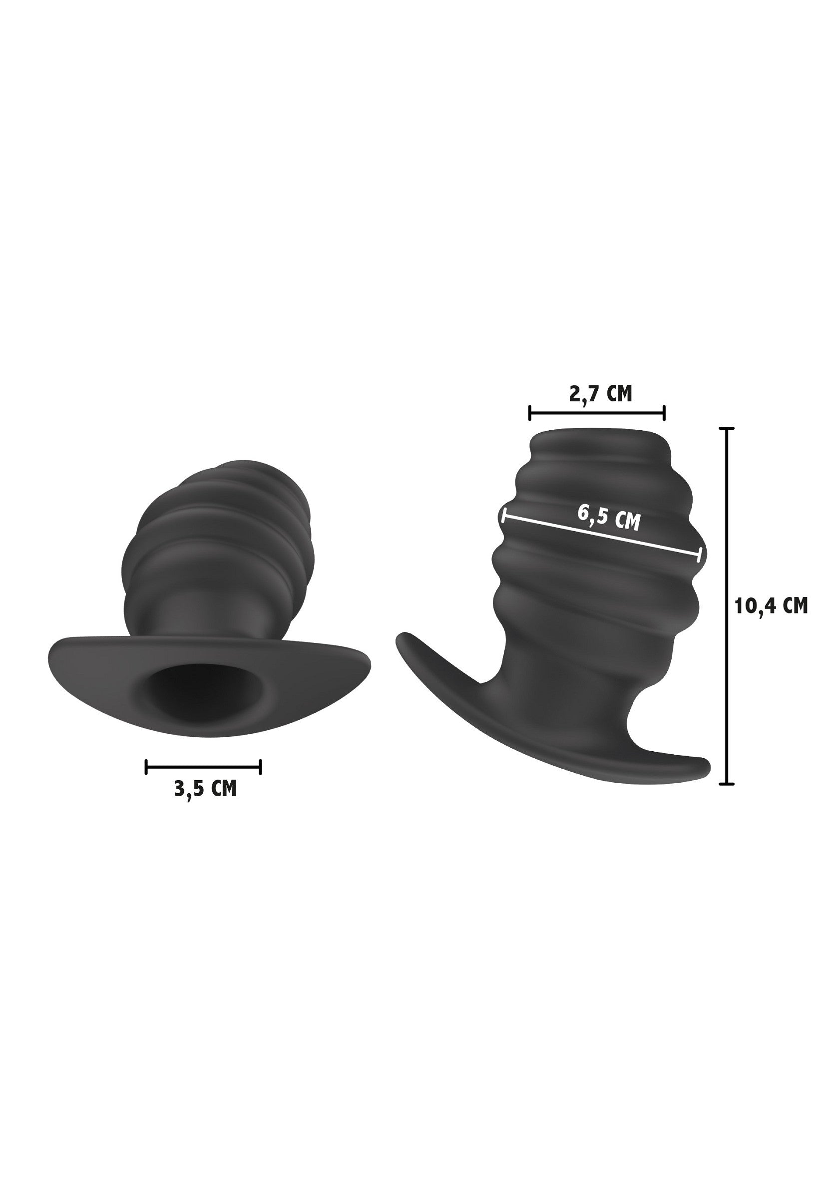 Plug anal texturé noir avec dimensions pour référence. Accessoire intime pour le plaisir. Dimensions affichées.; Zwarte getextureerde anaal plug met afmetingen ter referentie. Intiem accessoire voor plezier. Afmetingen weergegeven.; Black textured butt plug with dimensions for reference. Intimate accessory for pleasure. Dimensions displayed.
