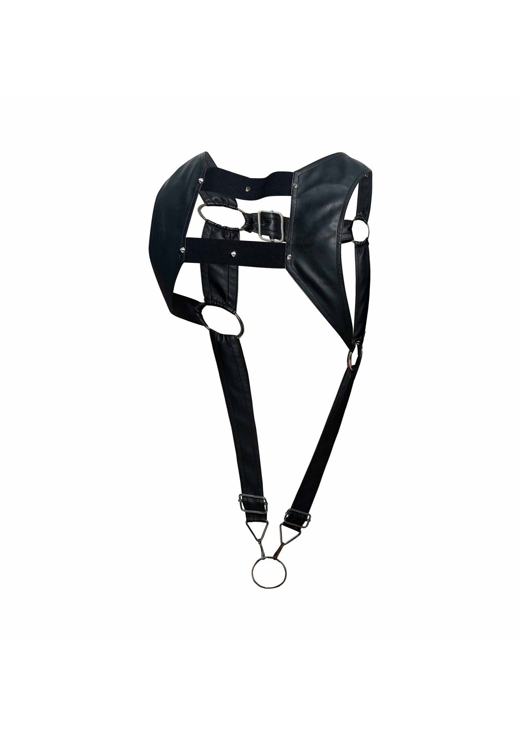 Harnais en cuir noir élégant et ajustable, parfait pour ajouter une touche audacieuse à votre tenue.; Stijlvol en verstelbaar zwart leren harnas, perfect om een gedurfde touch aan uw outfit toe te voegen.; Stylish and adjustable black leather harness, perfect for adding an edgy touch to your outfit.