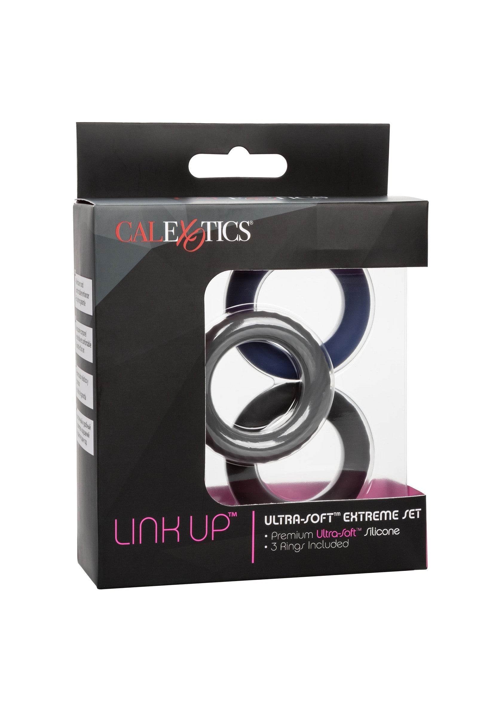 CalExotics Link Up, ensemble d'anneaux en silicone ultra-doux pour une expérience intense.; CalExotics Link Up, ultra-zachte siliconen ringenset voor een intense ervaring.; CalExotics Link Up, ultra-soft silicone ring set for an intense experience.
