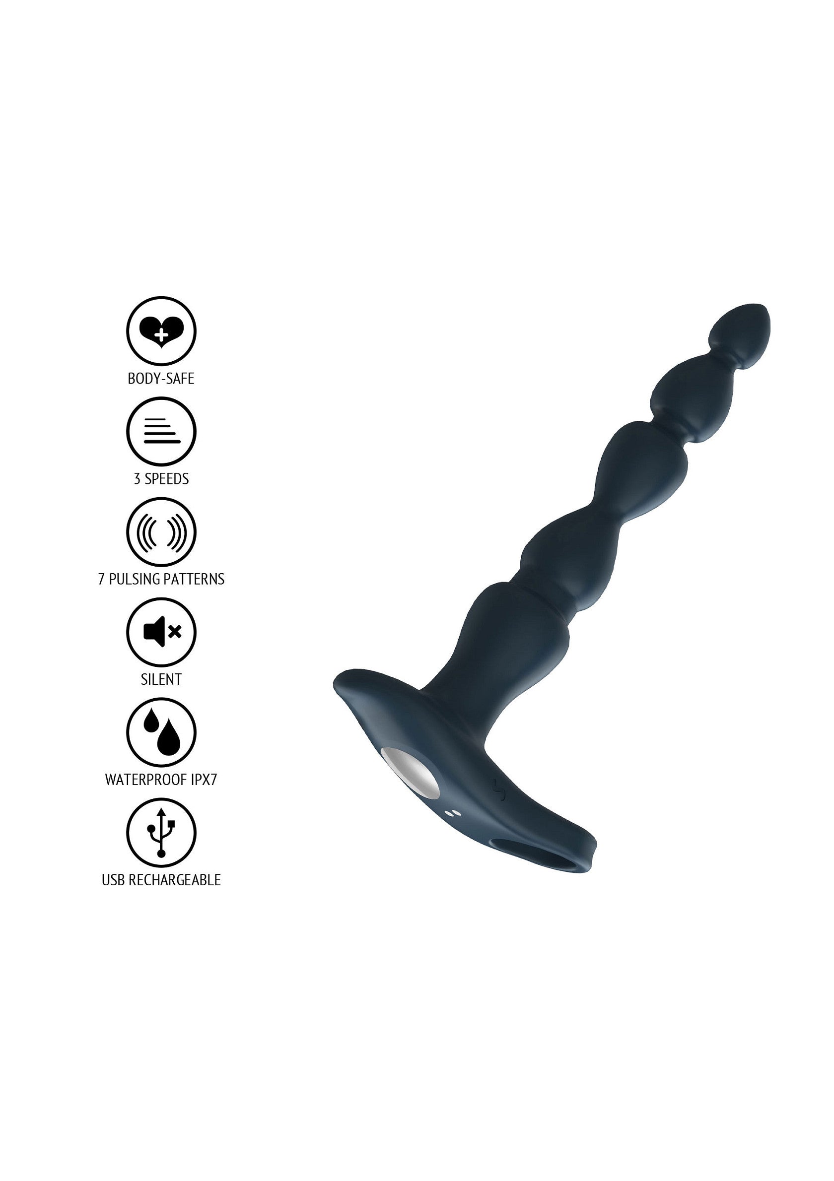 Plug anal vibrant en silicone sûr pour le corps, avec 3 vitesses et 7 modes de vibration, étanche IPX7 et rechargeable par USB.; Vibrerende anale plug van lichaamsveilige siliconen, met 3 snelheden en 7 vibratiestanden, IPX7 waterdicht en USB-oplaadbaar.; Vibrating anal plug made of body-safe silicone, with 3 speeds and 7 vibration patterns, IPX7 waterproof and USB rechargeable.
