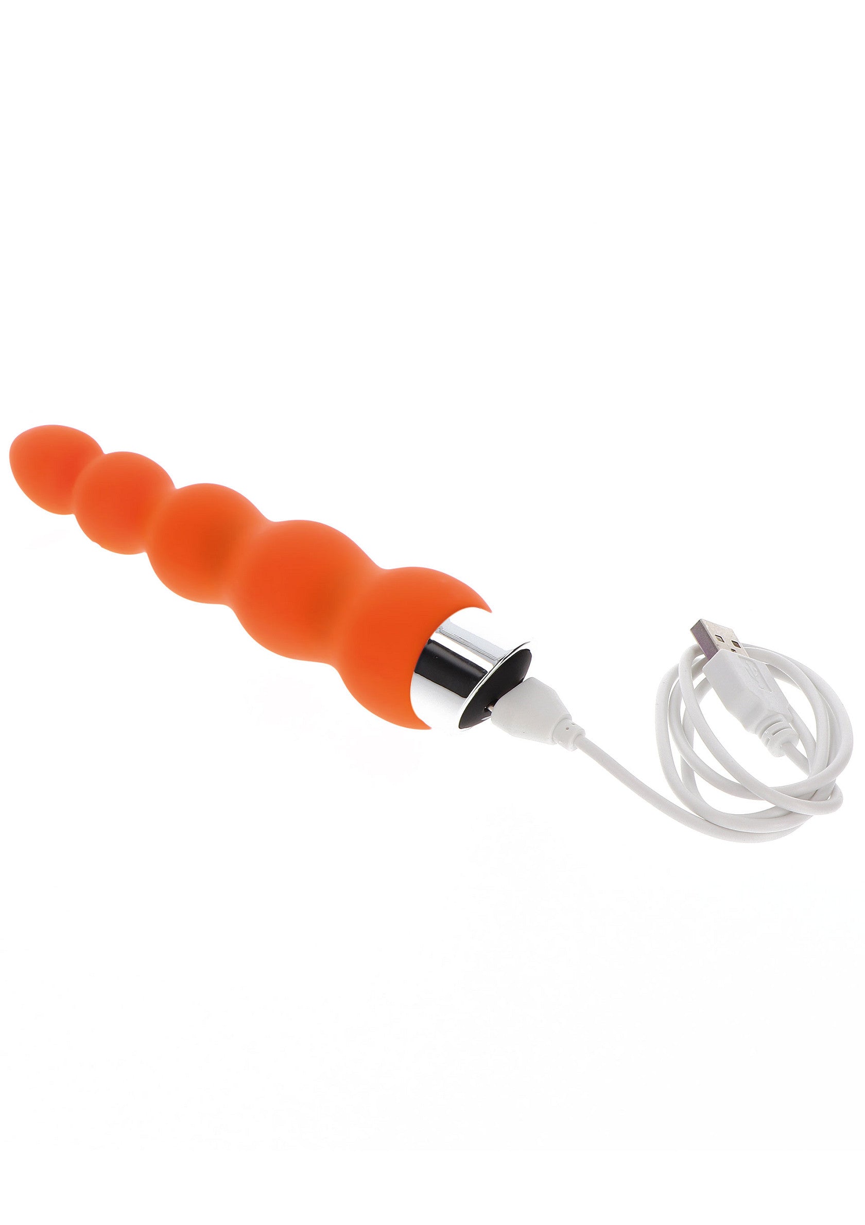 Vibromasseur orange à billes avec câble de chargement USB pour le plaisir sensuel.; Oranje kralen vibrator met USB-oplaadkabel voor sensueel genot.; Orange beaded vibrator with USB charging cable for sensual pleasure.