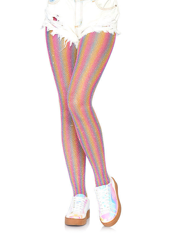 Collants résille arc-en-ciel, parfait pour un look fun et coloré. ; Regenboog visnet panty, perfect voor een leuke en kleurrijke look. ; Rainbow fishnet tights, perfect for a fun and colorful look.