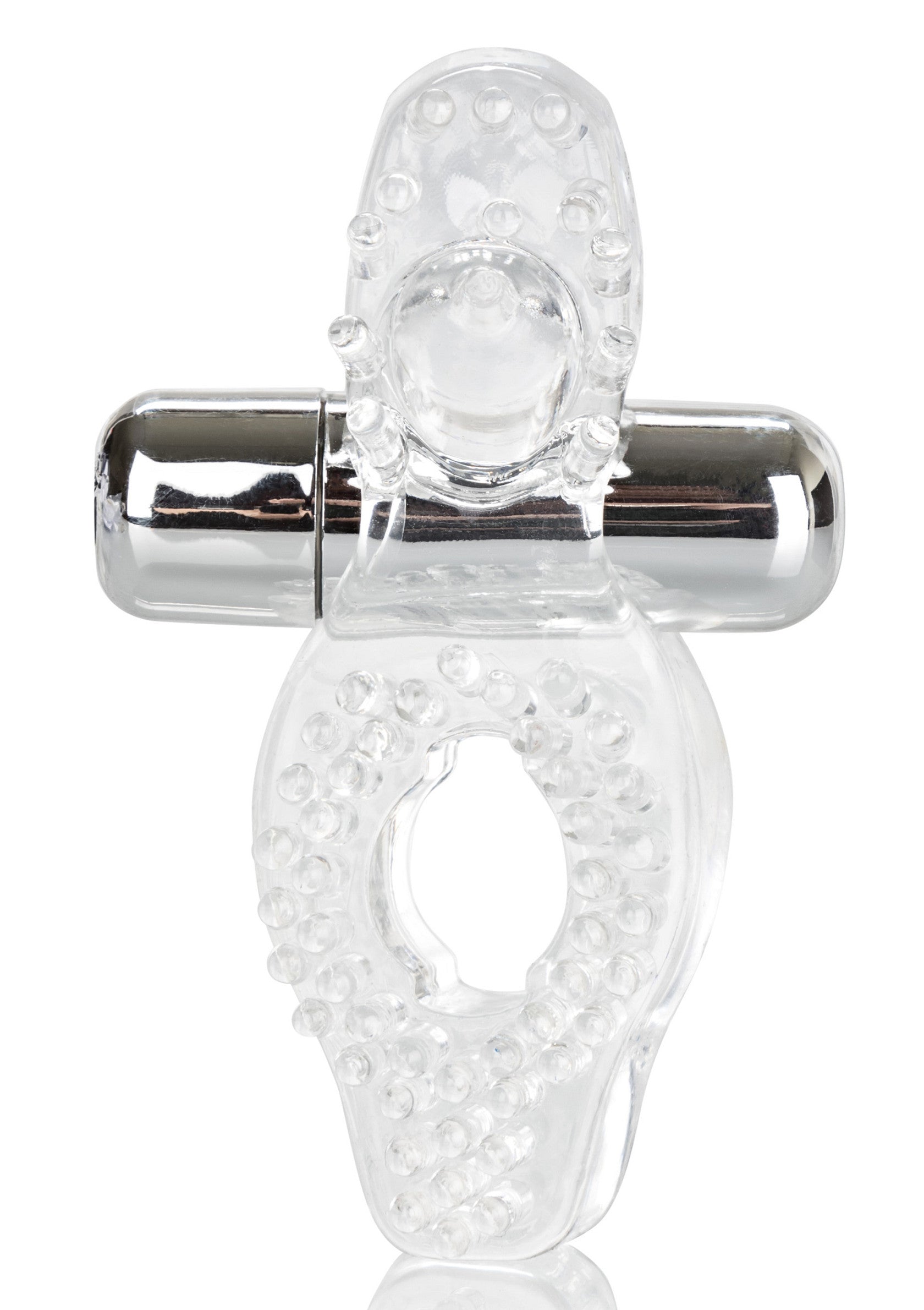 Anneau vibrant transparent avec stimulateur clitoridien intégré pour plus de plaisir.; Transparante vibrerende penisring met ingebouwde clitorisstimulator voor extra genot.; Clear vibrating cock ring with built-in clitoral stimulator for added pleasure.