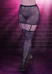 Collants résille scintillants avec jarretières. Parfait pour une soirée!; Glitterende visnetpanty met jarretels. Perfect voor een avondje uit!; Sparkling fishnet tights with garter straps. Perfect for a night out!