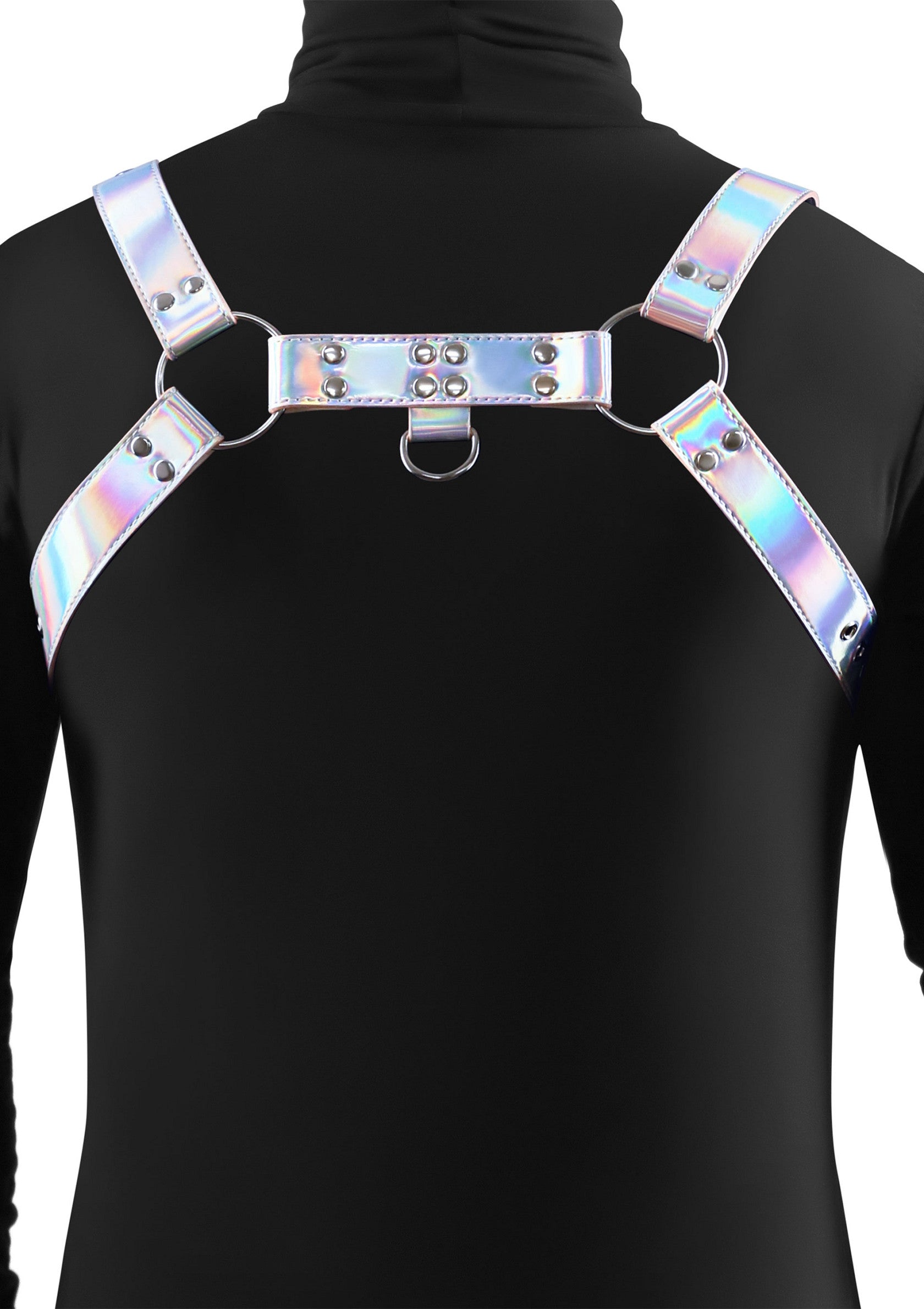 Harnais holographique argenté tendance, pour un look audacieux et unique.; Zilveren holografisch harnas voor een gedurfde en unieke look.; Silver holographic harness for a bold and unique look.
