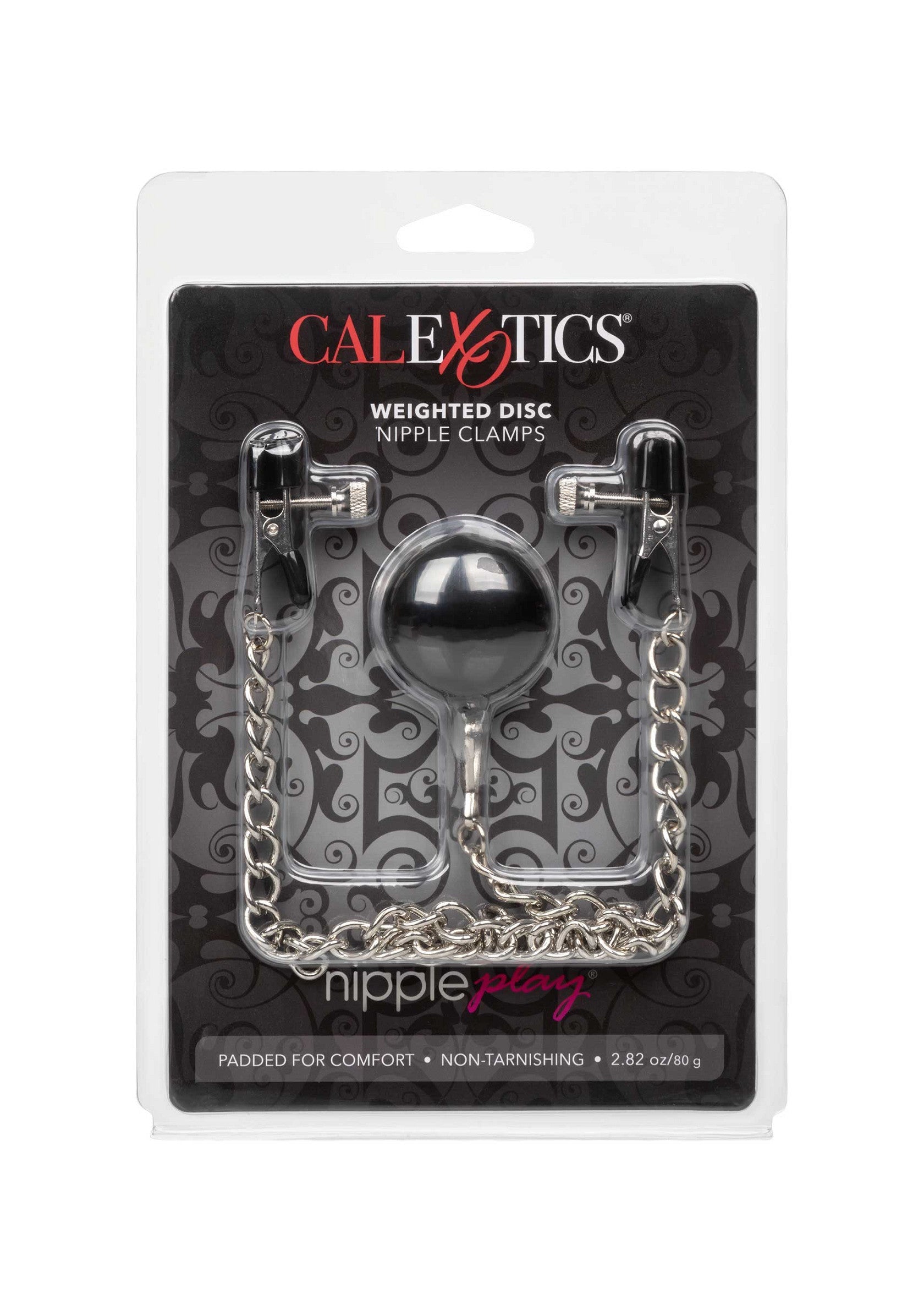 Pinces à tétons avec disque lesté CalExotics. Jeu érotique pour les mamelons.; CalExotics tepelklemmen met gewichtsschijf. Erotisch spel voor de tepels.; CalExotics weighted disc nipple clamps. Erotic play for the nipples.