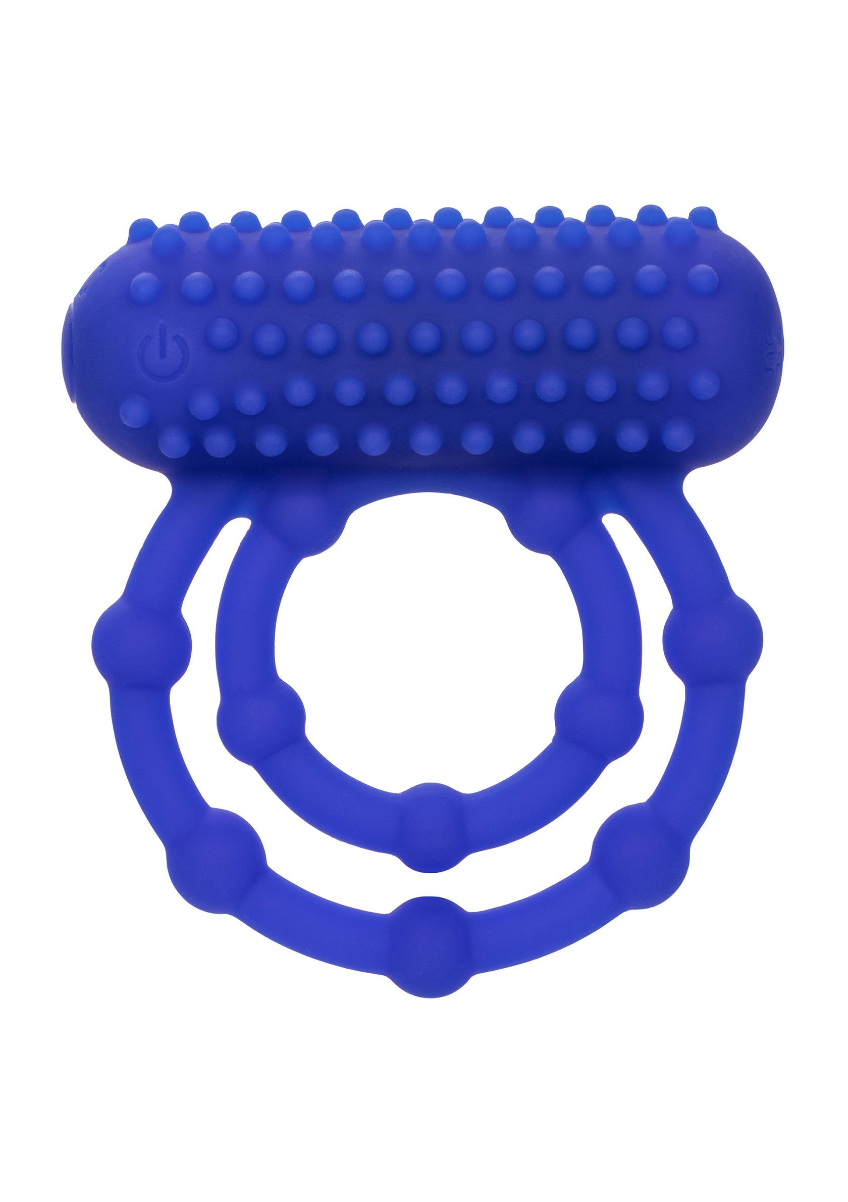 Anneau vibrant bleu en silicone avec picots pour plus de plaisir.; Blauwe vibrerende penisring van siliconen met noppen voor extra plezier.; Blue silicone vibrating cock ring with nubs for extra pleasure.