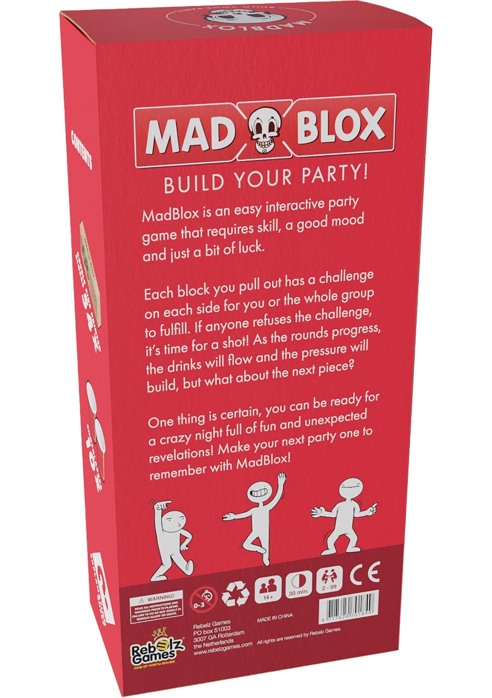 Mad Blox, le jeu de fête interactif qui pimentera vos soirées ! Relevez les défis et que la fête commence.; Mad Blox, het interactieve partyspel dat je avonden opfleurt! Ga de uitdagingen aan en laat het feest beginnen.; Mad Blox, the interactive party game to spice up your nights! Take on challenges and let the party begin.
