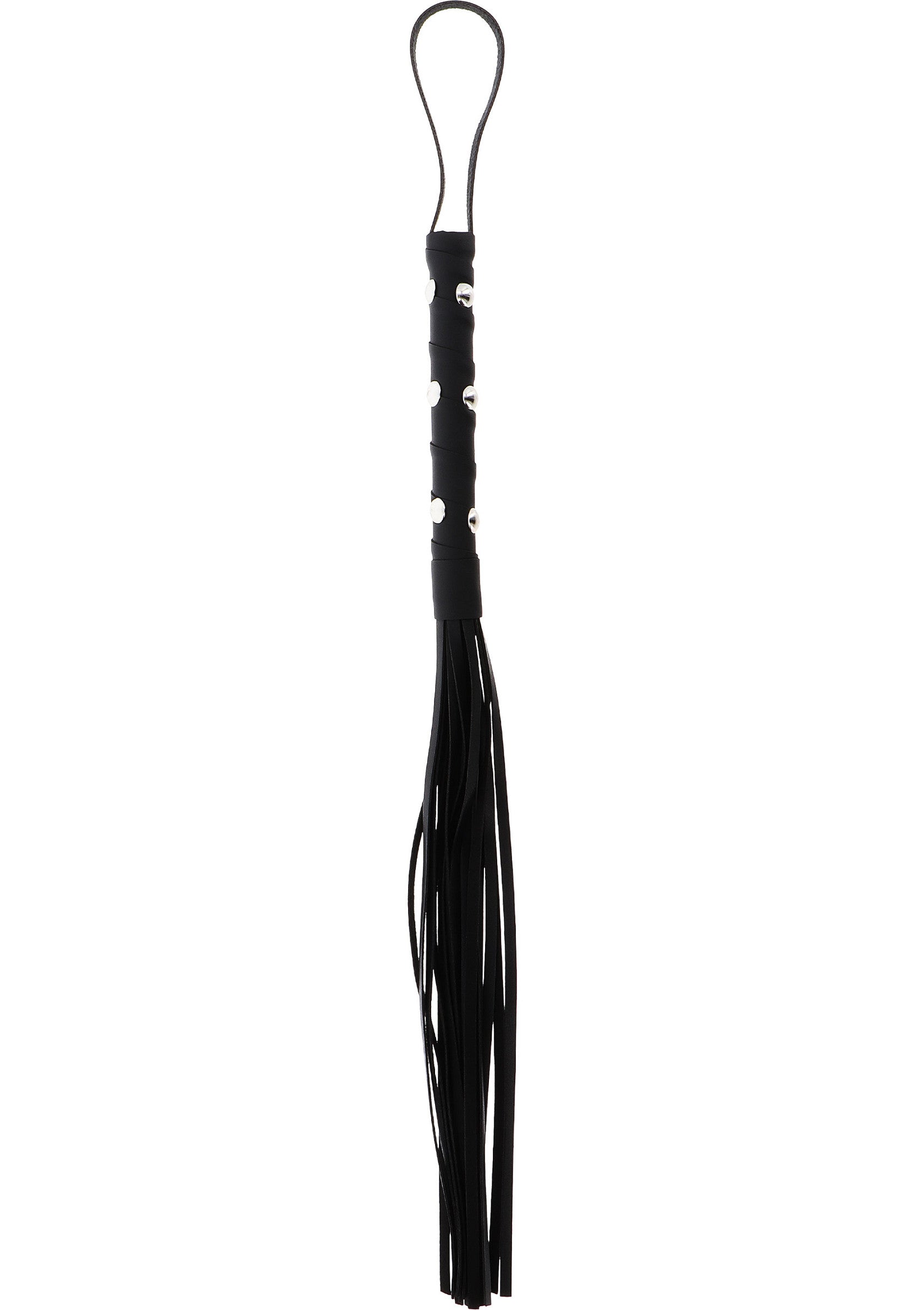 Cravache noire en cuir avec poignée décorée, idéale pour le BDSM et les jeux de rôle. Accessoire de séduction et de domination.; Zwarte leren zweep met versierde handgreep, ideaal voor BDSM en rollenspellen. Verleidings- en dominantie-accessoire.; Black leather flogger with decorated handle, ideal for BDSM and role play. Seduction and domination accessory.