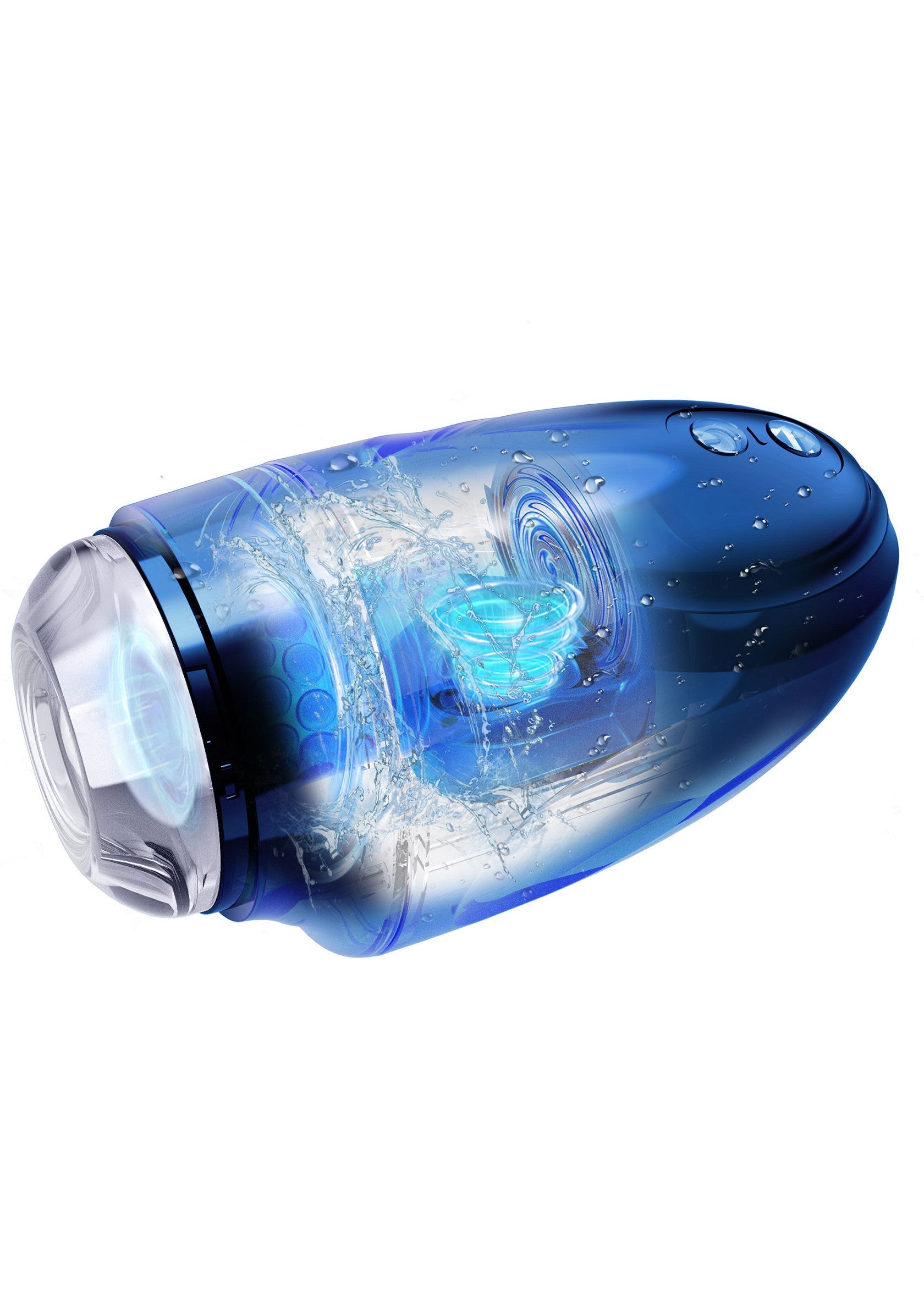 Manchon de plaisir bleu transparent pour une expérience aquatique unique.; Transparante blauwe pleziermouw voor een unieke water ervaring.; Transparent blue pleasure sleeve for a unique aquatic experience.