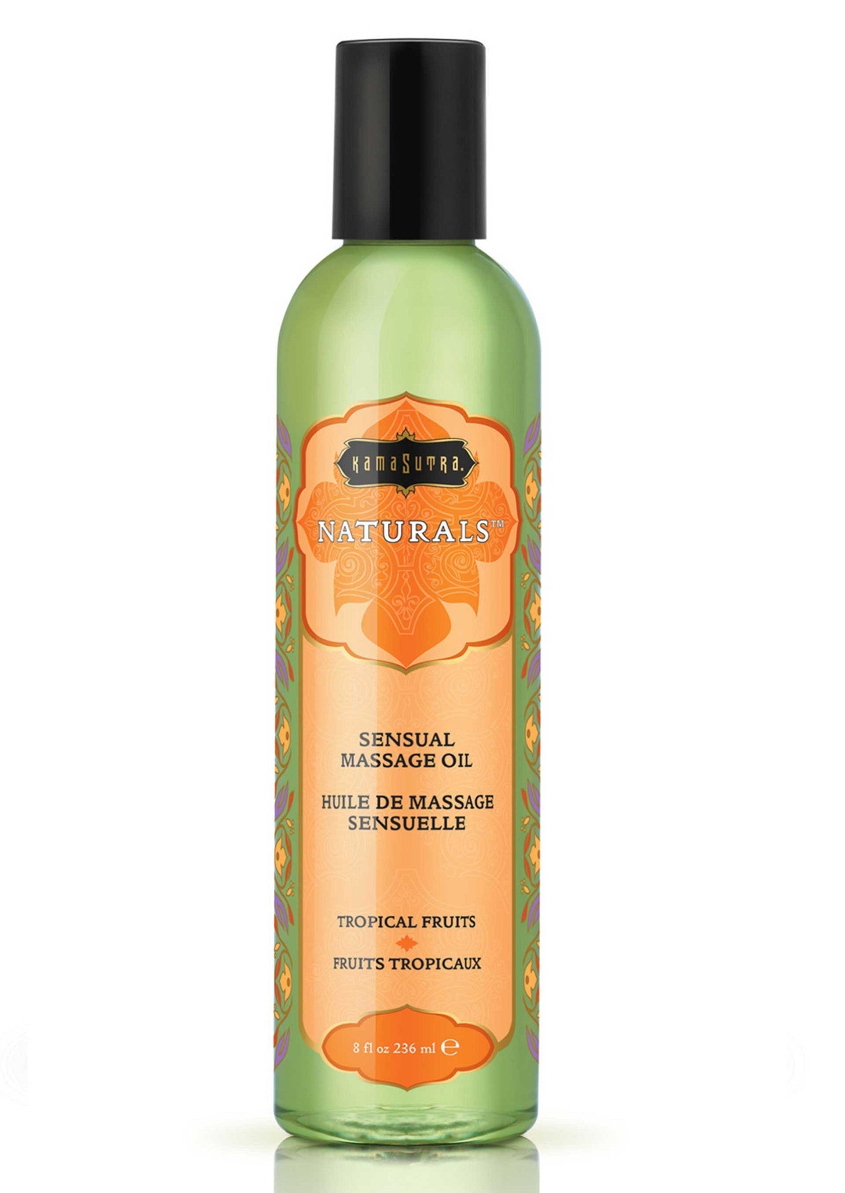 Huile de massage sensuelle Kamasutra Naturals Fruits Tropicaux pour un massage relaxant et parfumé.; Kamasutra Naturals Tropische Vruchten sensuele massageolie voor een ontspannende en geurige massage.; Kamasutra Naturals Tropical Fruits sensual massage oil for a relaxing and fragrant massage.