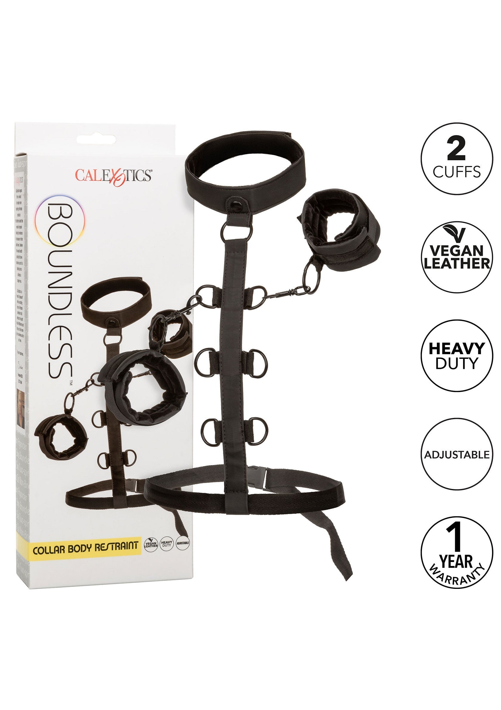 Kit de contention corporelle CalExotics Boundless, cuir vegan, ajustable, avec 2 manchettes et garantie 1 an. Explorez le plaisir !; CalExotics Boundless collar body restraint kit, vegan leder, verstelbaar, met 2 manchetten en 1 jaar garantie. Ontdek plezier!; CalExotics Boundless collar body restraint kit, vegan leather, adjustable, with 2 cuffs and 1 year warranty. Explore pleasure!