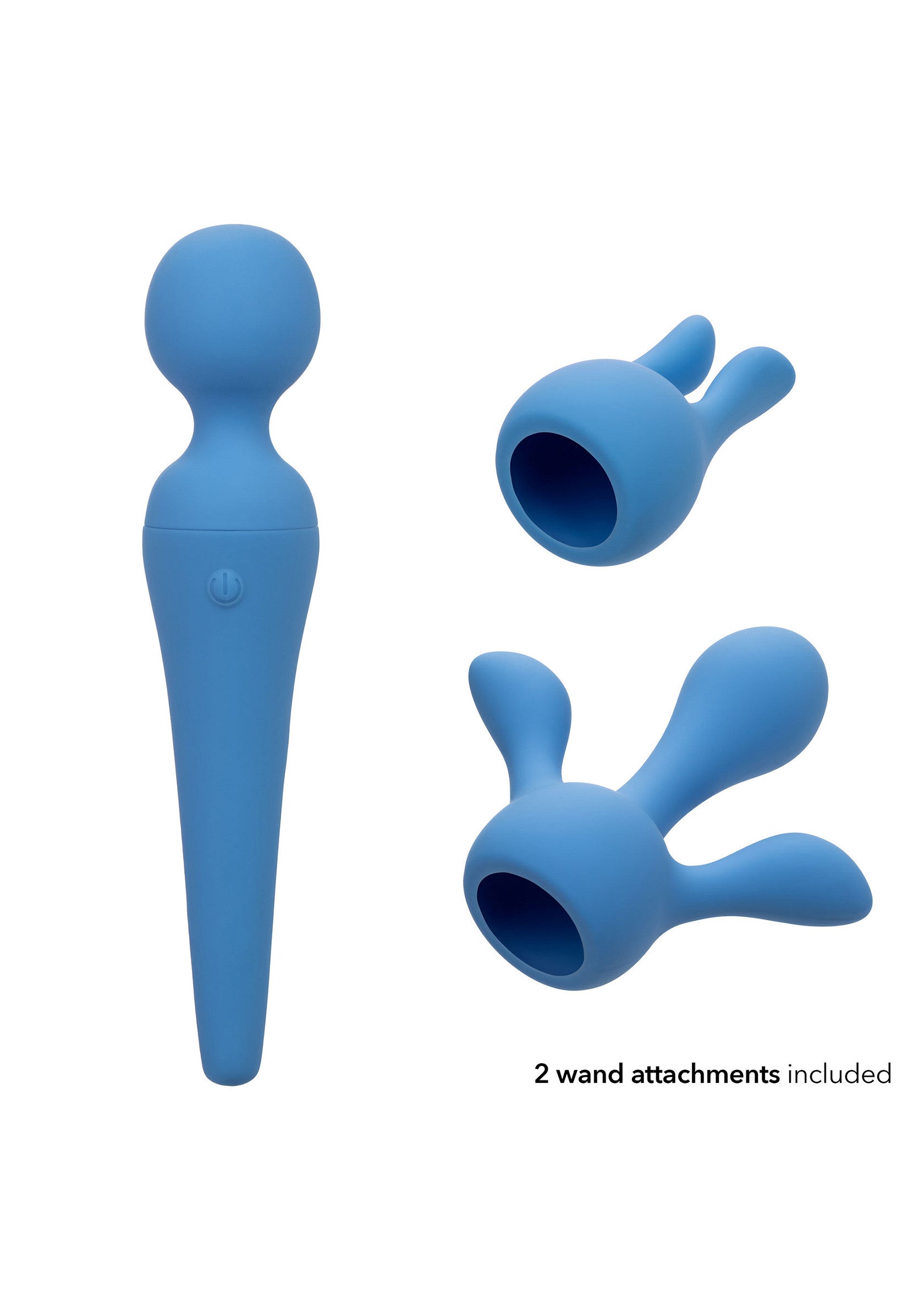 Masseur vibrant bleu avec 2 accessoires. Doux, sûr pour le corps et stimulant. Parfait pour l'exploration et le plaisir.; Blauwe vibrerende massager met 2 accessoires. Zacht, lichaamsveilig en stimulerend. Perfect voor verkenning en plezier.; Blue vibrating massager with 2 attachments. Soft, body-safe, and stimulating. Perfect for exploration and pleasure.