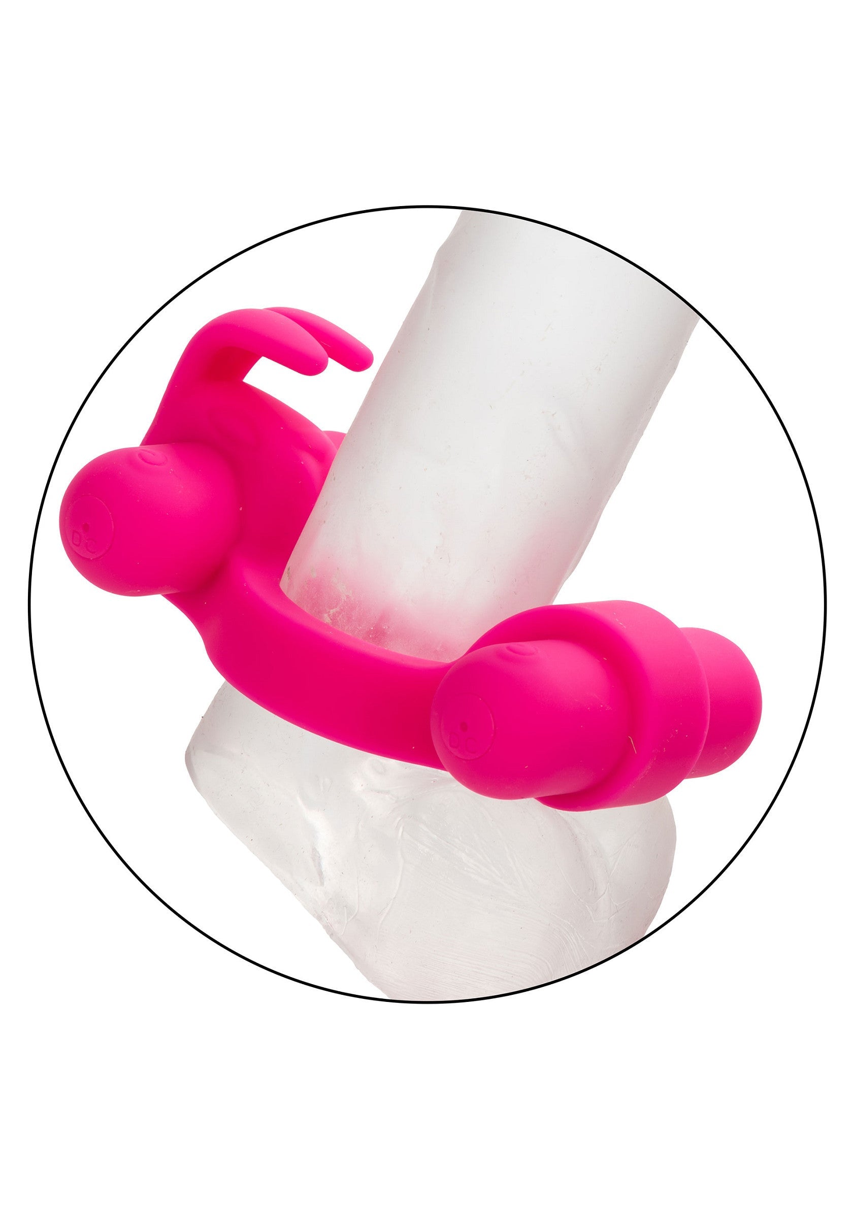 Anneau vibrant rose pour pénis avec vibromasseur lapin pour plus de plaisir. Jouet sexuel excitant pour adultes.; Roze vibrerende penisring met konijntjesvibrator voor meer plezier. Opwindend seksspeeltje voor volwassenen.; Pink vibrating penis ring with rabbit vibrator for extra pleasure. Exciting sex toy for adults.