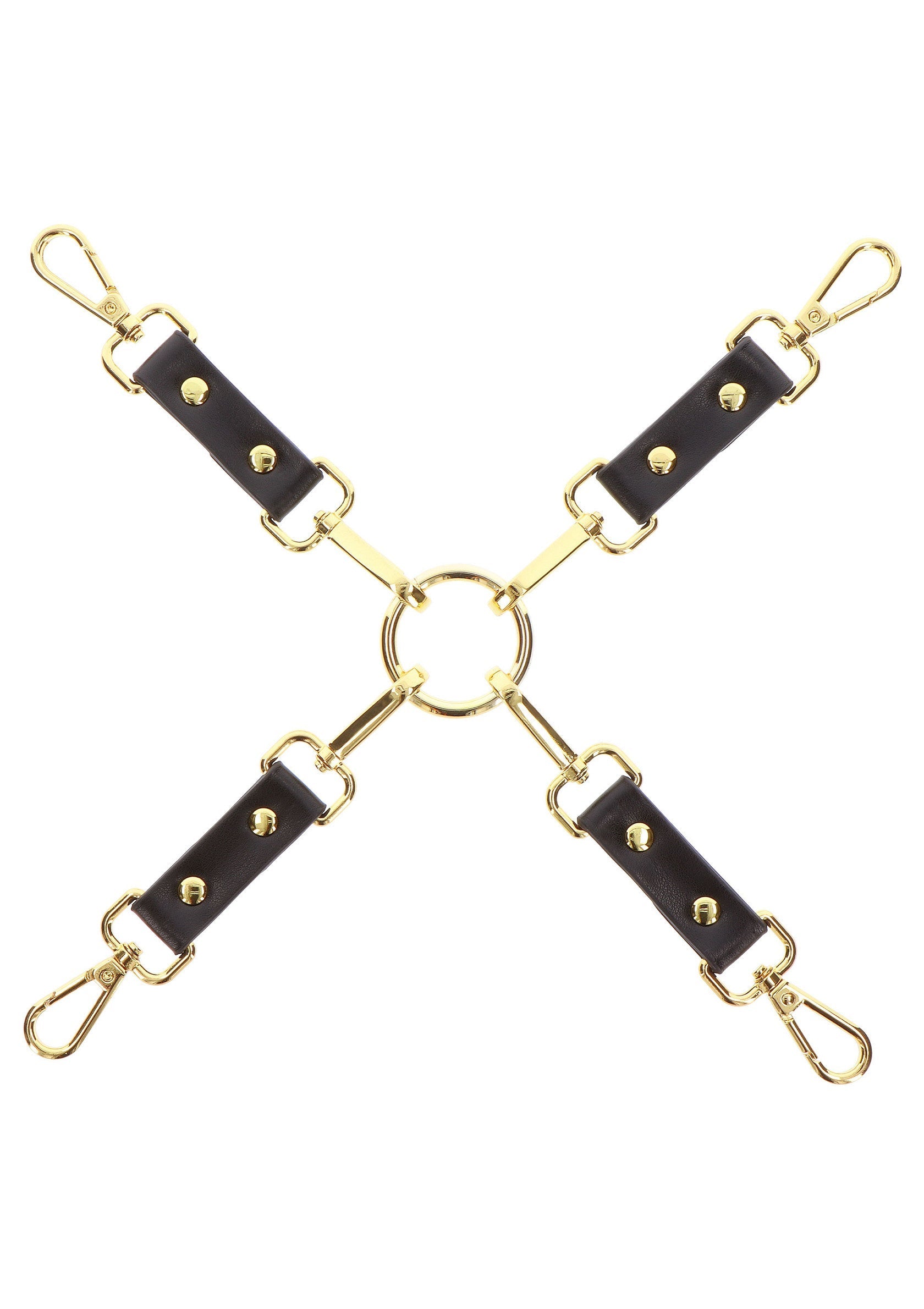 Harnais noir et doré avec anneau central, bretelles réglables et crochets robustes.; Zwart en goudkleurig harnas met centrale ring, verstelbare bandjes en stevige haken.; Black and gold harness featuring a central ring, adjustable straps, and sturdy clasps.