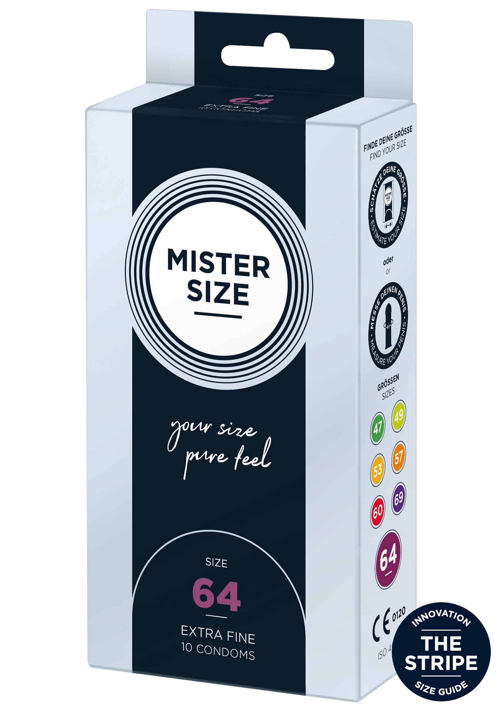 Boîte de préservatifs Mister Size 64 Extra Fine. Trouvez votre taille idéale pour un confort optimal.; Mister Size 64 Extra Fine condooms. Vind de perfecte maat voor comfort en veiligheid. ; Mister Size 64 Extra Fine condoms for a comfortable, perfect fit. Find your ideal size.