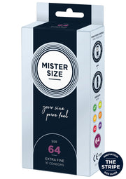 Boîte de préservatifs Mister Size 64 Extra Fine. Trouvez votre taille idéale pour un confort optimal.; Mister Size 64 Extra Fine condooms. Vind de perfecte maat voor comfort en veiligheid. ; Mister Size 64 Extra Fine condoms for a comfortable, perfect fit. Find your ideal size.