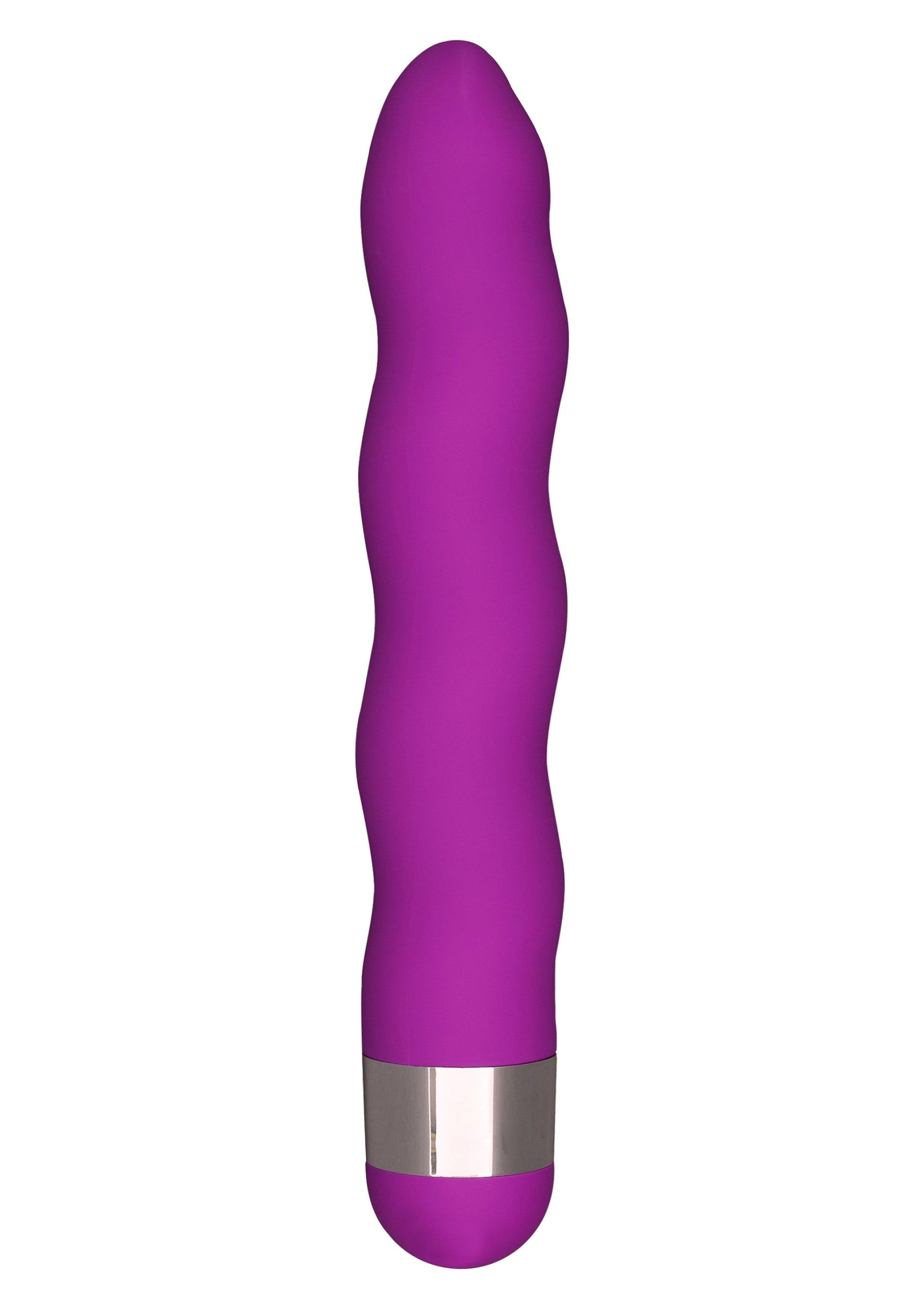 Vibromasseur violet ondulé avec une base argentée pour le plaisir.; Paarse golvende vibrator met zilveren basis voor plezier.; Purple wavy vibrator with a silver base for pleasure.