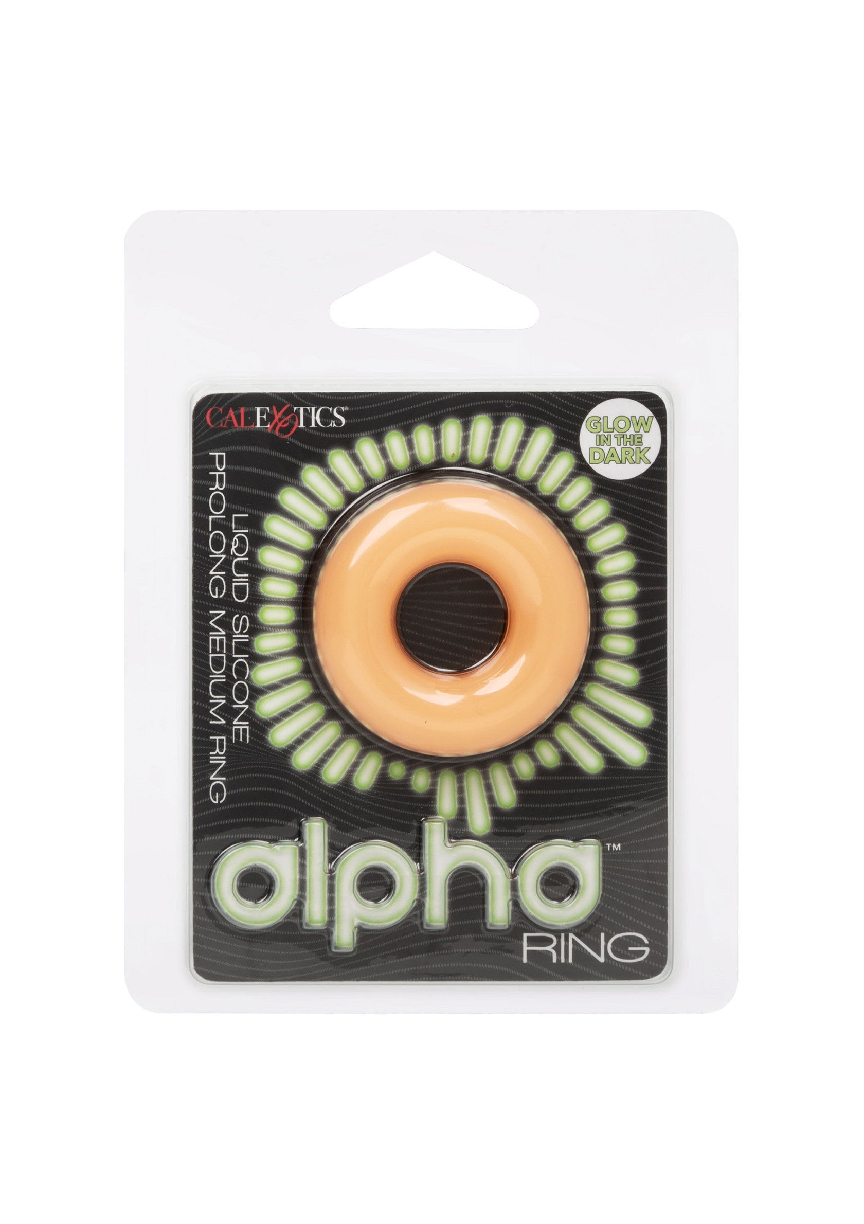 Anneau pénien CalExotics Alpha, silicone liquide, médium. Prolonge le plaisir et brille dans le noir.; CalExotics Alpha penisring, vloeibare siliconen, medium. Verlengt het plezier en geeft licht in het donker.; CalExotics Alpha ring, liquid silicone, medium. Prolongs pleasure and glows in the dark. 