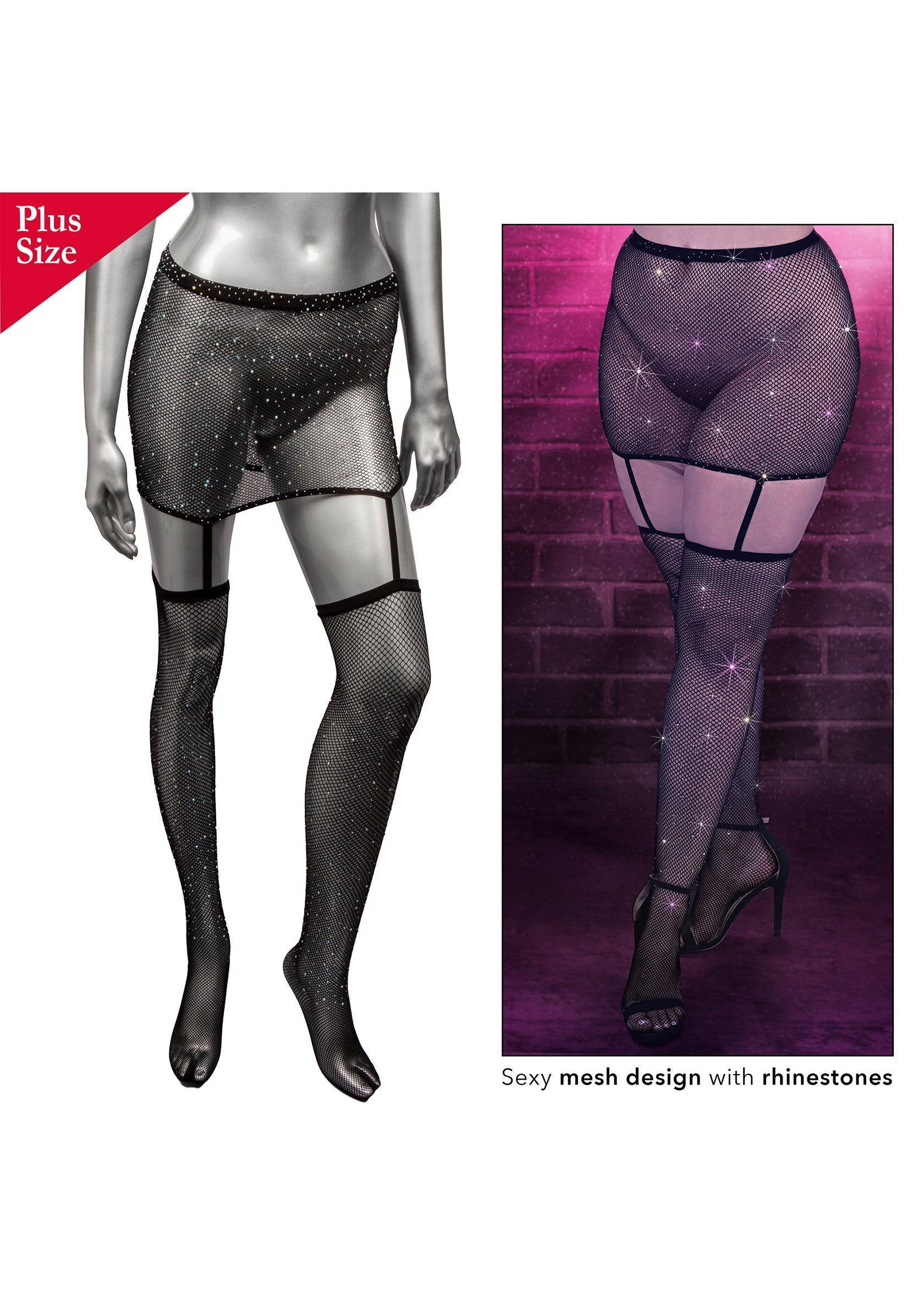 Ensemble jupe et bas résille grande taille avec strass scintillants. Sexy et tendance !; Plus size visnet rok en kousen set met strass steentjes. Sexy en trendy!; Plus size fishnet skirt & stockings set with rhinestones. Sexy and trendy!