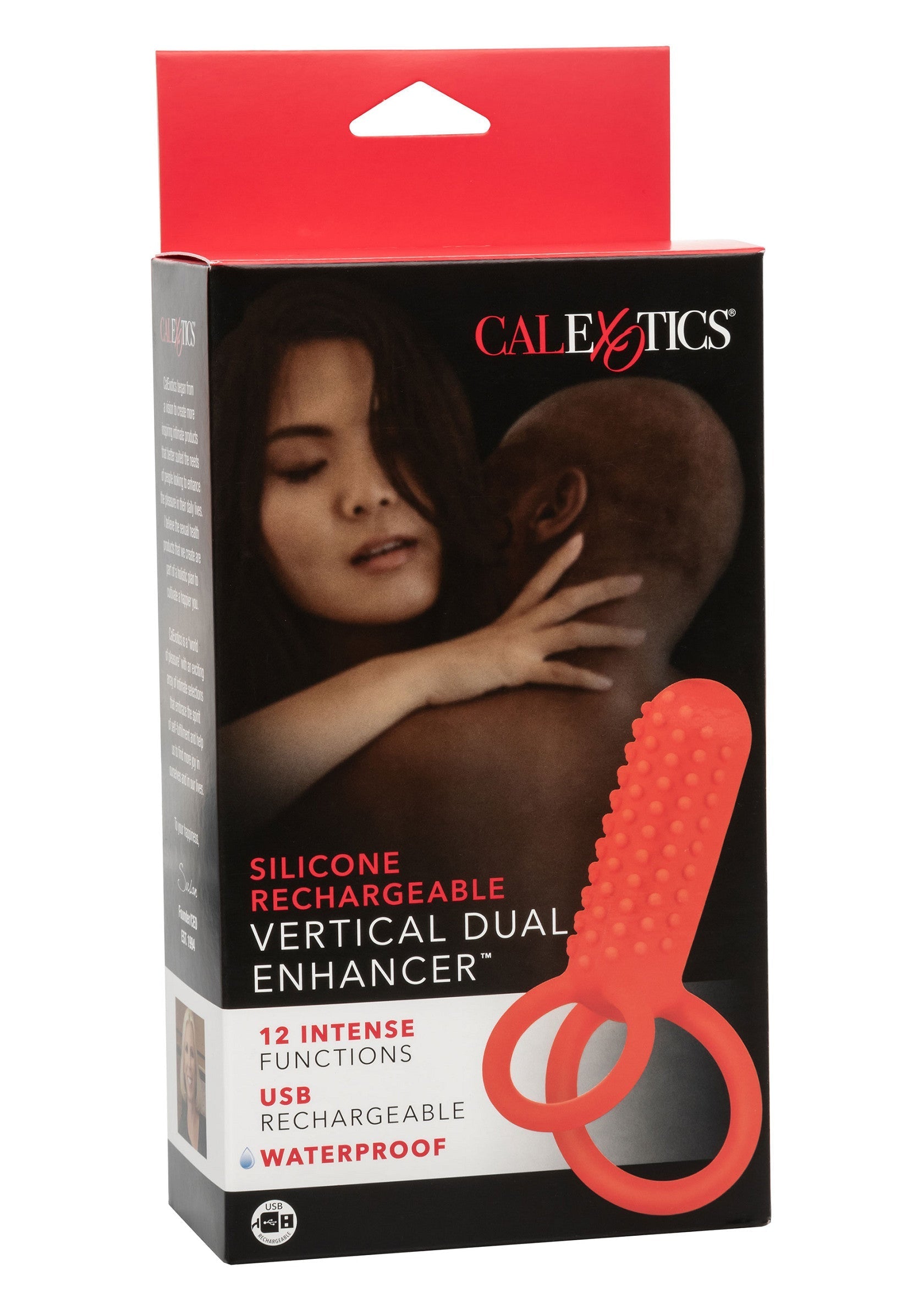 Calexotics Vertical Dual Enhancer, vibromasseur rechargeable en silicone pour des sensations intenses. 12 fonctions, étanche. ; Calexotics Vertical Dual Enhancer, oplaadbare siliconen vibrator voor intense sensaties. 12 functies, waterdicht.; Calexotics Vertical Dual Enhancer, rechargeable silicone vibrator for intense sensations. 12 functions, waterproof.