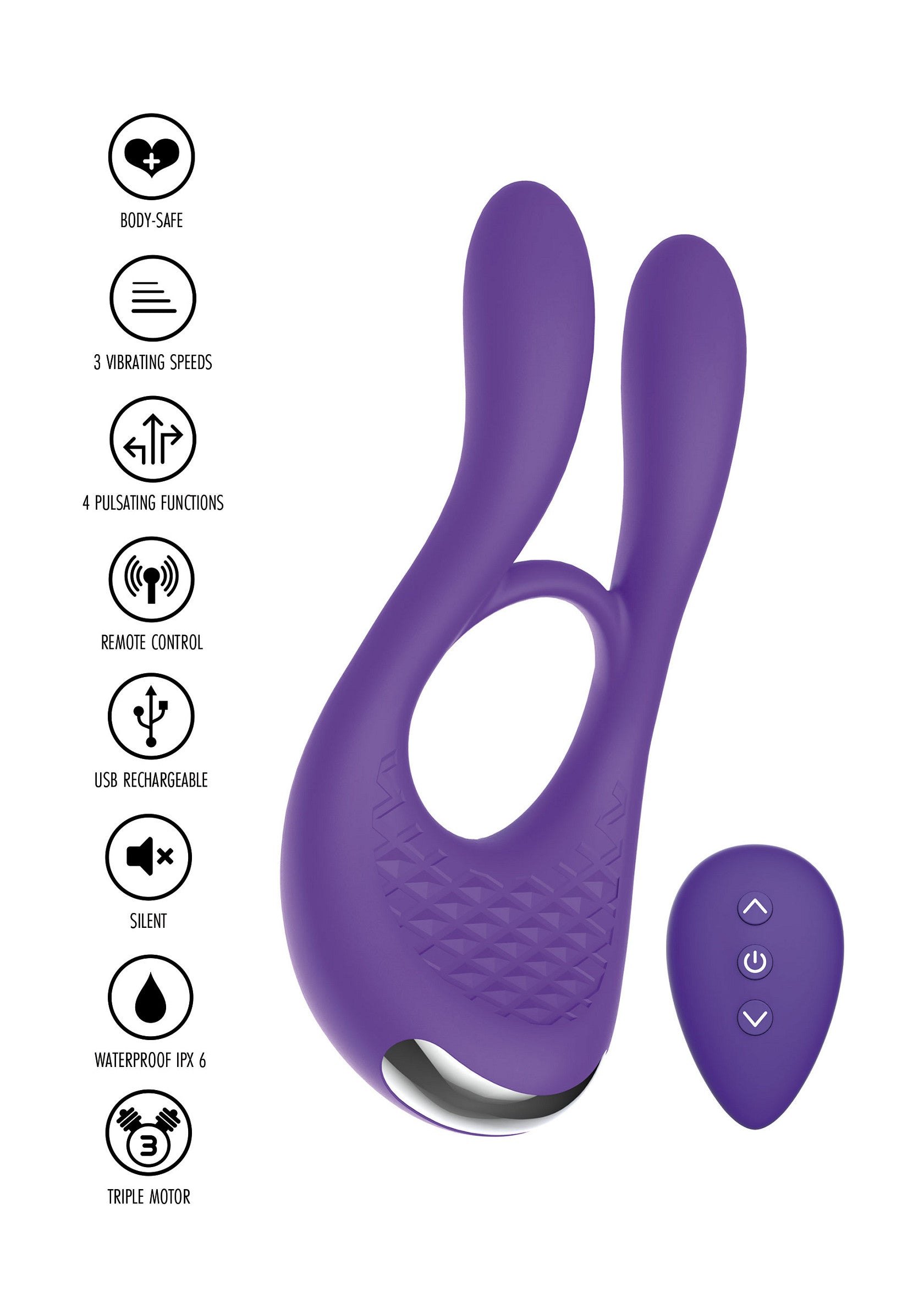 Masseur de couple violet, avec télécommande, étanche et rechargeable via USB pour une expérience intime et amusante.; Paarse koppelstimulator met afstandsbediening, waterdicht en USB-oplaadbaar voor een intieme en leuke ervaring.; Purple couples massager with remote, waterproof & USB rechargeable for an intimate, fun experience.