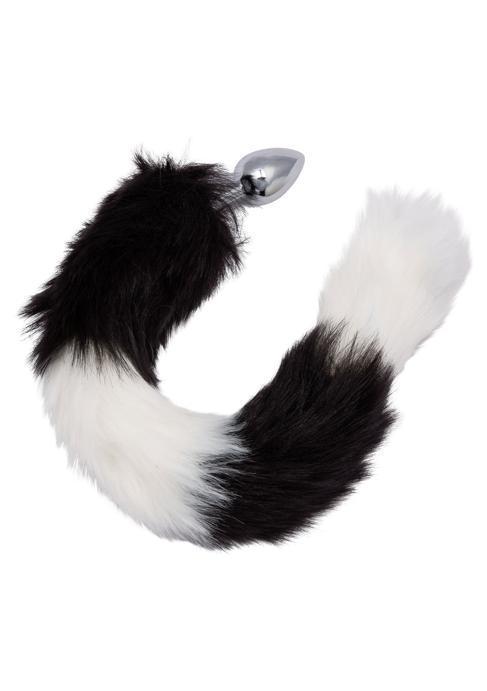 Queue de renard en fausse fourrure noire et blanche avec plug en métal pour plus de plaisir.; Zwart-witte nepbont vosstaart met metalen plug voor extra plezier.; Black and white faux fur fox tail with metal plug for extra fun.