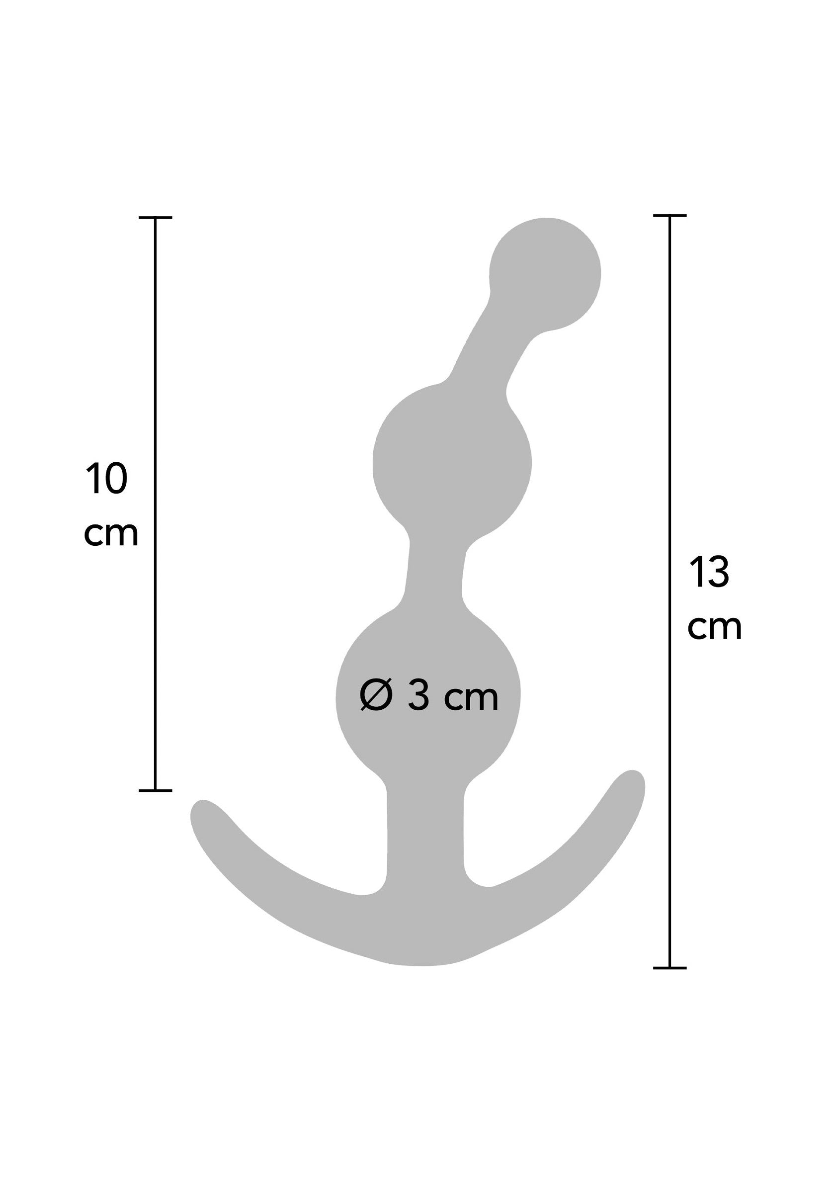 Diagramme d'un plug anal à boules avec dimensions (13cm de longueur, 3cm de diamètre).; Diagram van een anale buttplug met bolletjes en afmetingen (13cm lang, 3cm diameter).; Diagram of a beaded anal plug with dimensions (13cm long, 3cm diameter).