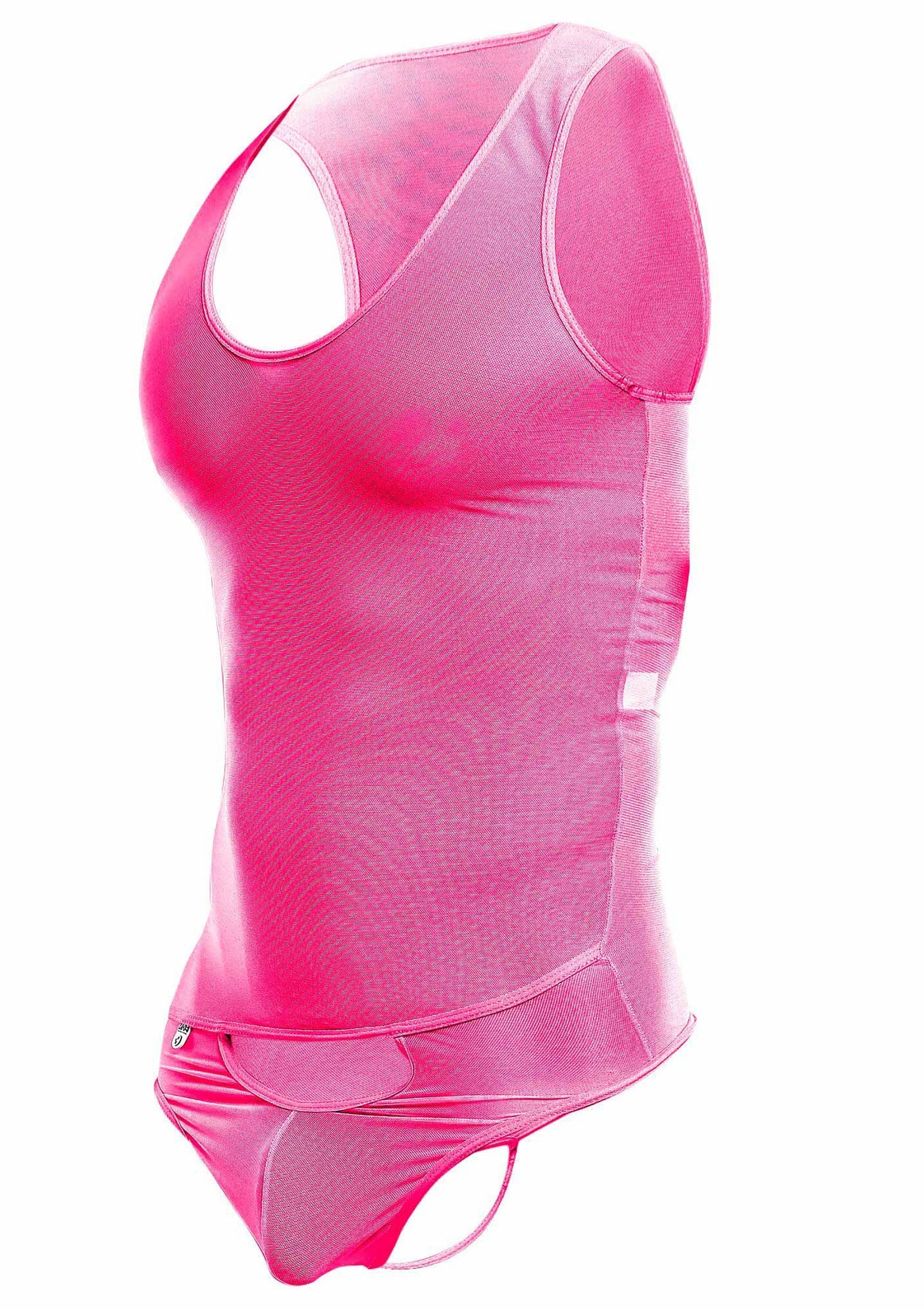 Body une pièce rose transparent pour femme avec coupe échancrée et dos nageur.; Roze transparante bodysuit voor dames met hoge beenuitsnijding en racerback.; Pink sheer bodysuit for women with high-cut leg and racerback.