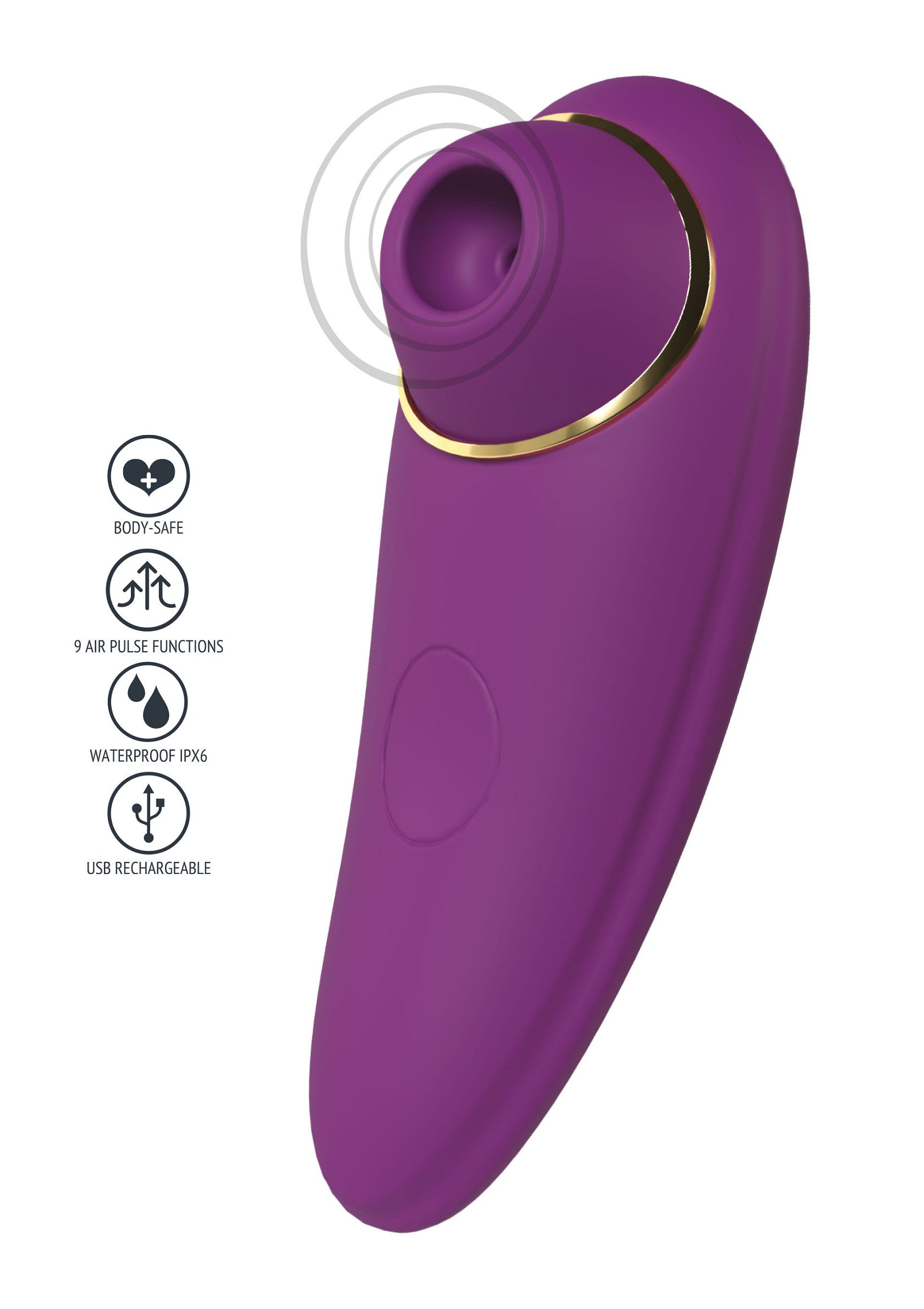 Stimulateur clitoridien à succion violet, rechargeable USB, étanche et sûr pour le corps. 9 pulsations d'air.; Paarse clitorisstimulator met zuigkracht, USB-oplaadbaar, waterdicht en lichaamsveilig. 9 luchtpulsaties.; Purple suction clitoral stimulator, USB rechargeable, waterproof and body-safe. 9 air pulsing functions.