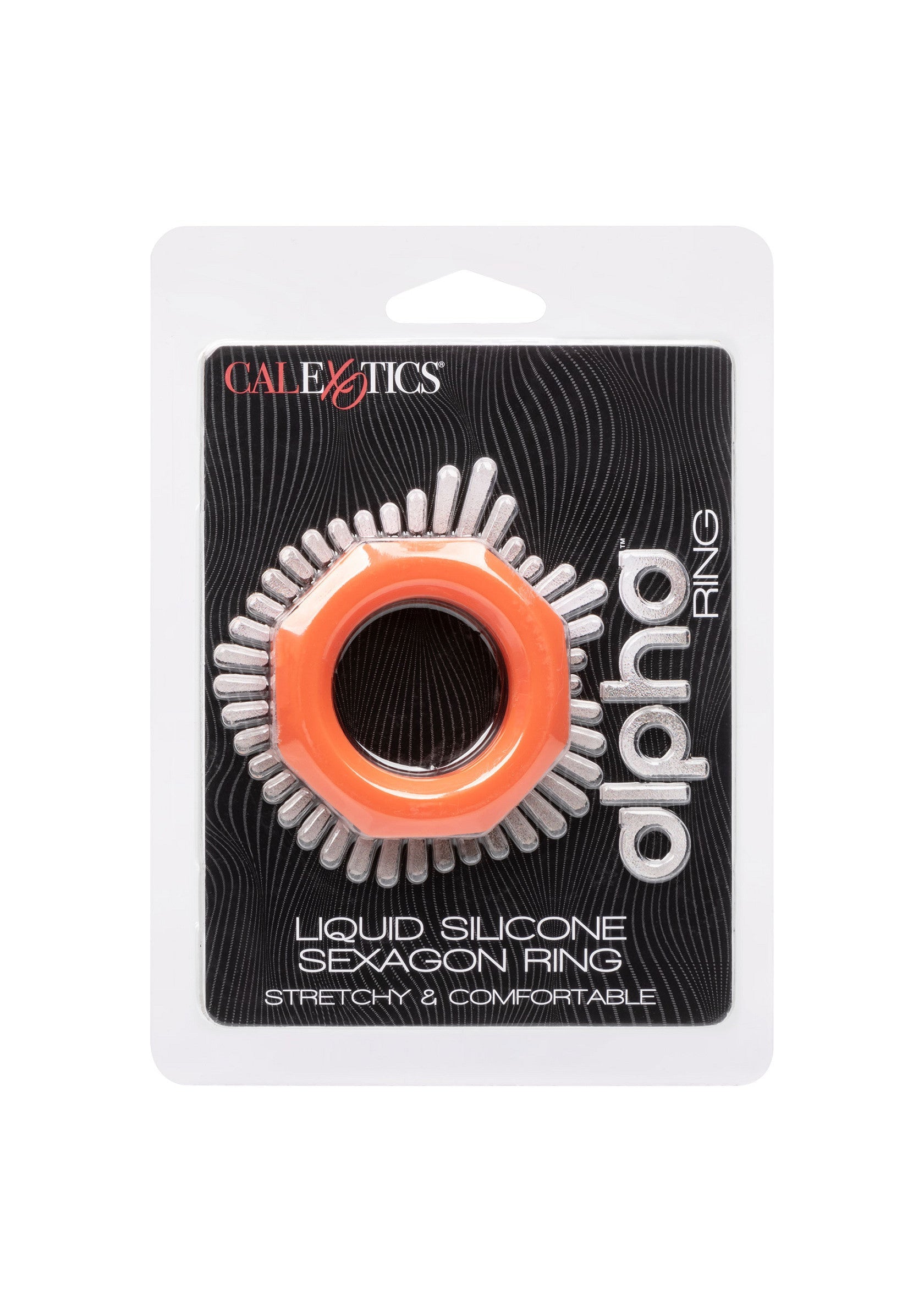 Anneau pénien Alpha Ring CalExotics en silicone liquide, extensible et confortable.; CalExotics Alpha Ring penisring van vloeibare siliconen, rekbaar en comfortabel.; CalExotics Alpha Ring liquid silicone cock ring, stretchy & comfortable.