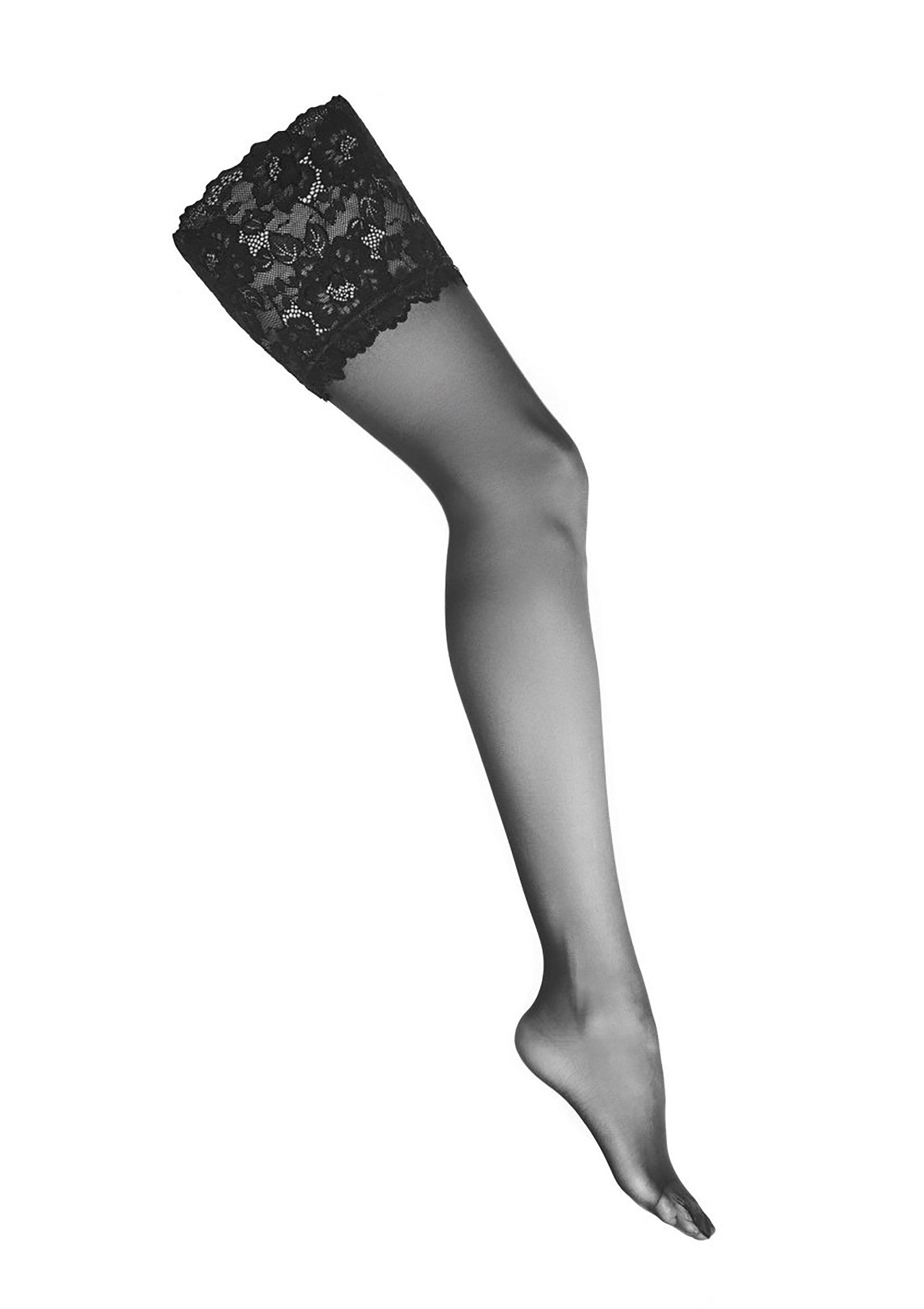 Bas autofixants noirs avec dentelle élégante. Chaussettes féminines et sophistiquées pour toutes les occasions.; Zwarte stay-up kousen met elegant kant. Vrouwelijke en verfijnde sokken voor elke gelegenheid.; Black stay-up stockings with elegant lace. Feminine and sophisticated hosiery for any occasion.