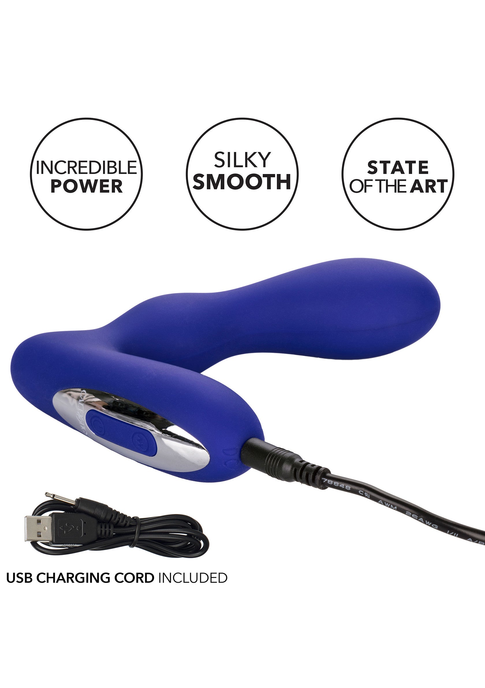 Masseur vibrant bleu avec câble de chargement USB inclus. Puissance incroyable, lisse comme de la soie, à la pointe de la technologie.; Blauwe vibrerende massager met USB-oplaadkabel. Ongelooflijke kracht, zijdezacht, state-of-the-art.; Blue vibrating massager with USB charging cord included. Incredible power, silky smooth, state-of-the-art.