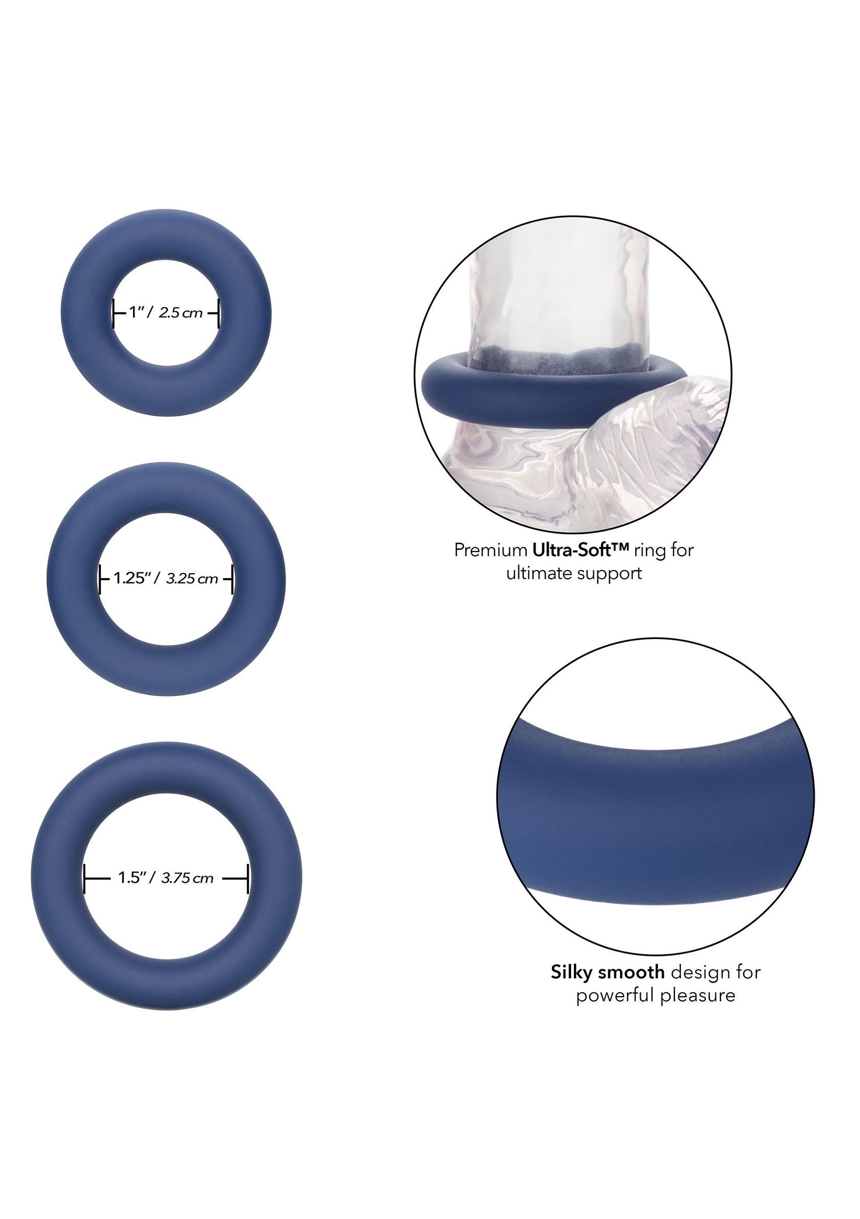 Anneaux péniens en silicone bleu pour un plaisir intense et un soutien optimal. Plusieurs tailles disponibles.; Blauwe siliconen penisringen voor intens genot en optimale ondersteuning. Verschillende maten beschikbaar.; Blue silicone cock rings for intense pleasure and optimal support. Multiple sizes available.